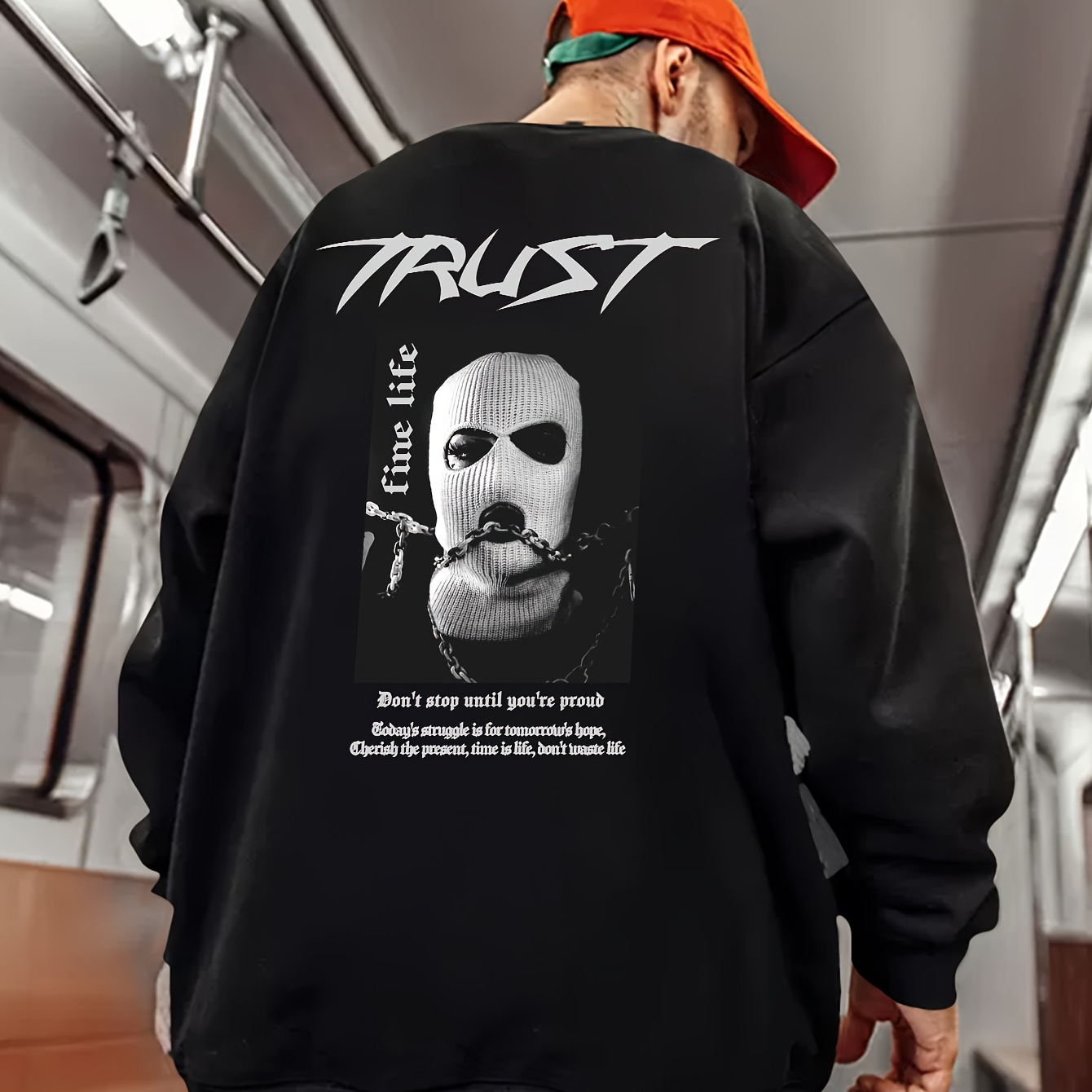 

Trust Figure With Mask Graphic Print Men's Crew Neck Long Sleeve Sweatshirt, Stylish Pullover Sweatshirt, Casual Comfortable Versatile Top For Outdoor Sports