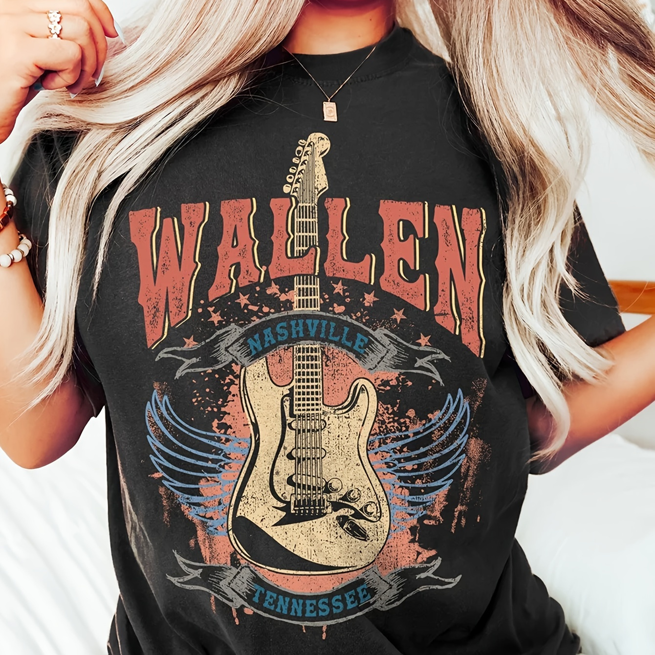 

Guitar Print Crew Neck T-shirt, Casual Short Sleeve T-shirt For Spring & Summer, Women's Clothing