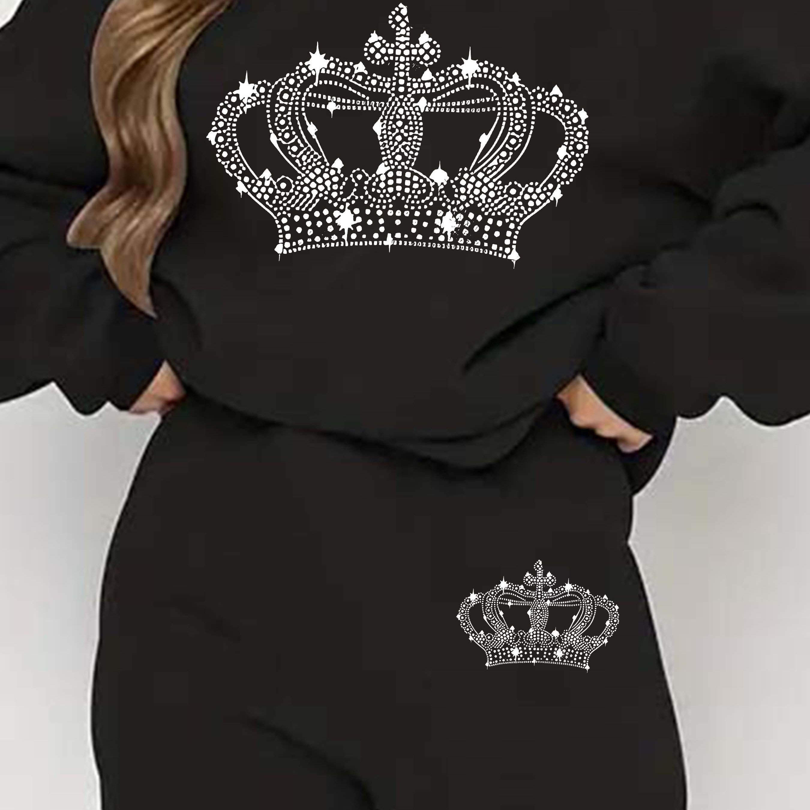 

Crown 2 Piece Set, Crew Neck Long Sleeve Sweatshirt & Slant Pocket Pants, Women's Clothing