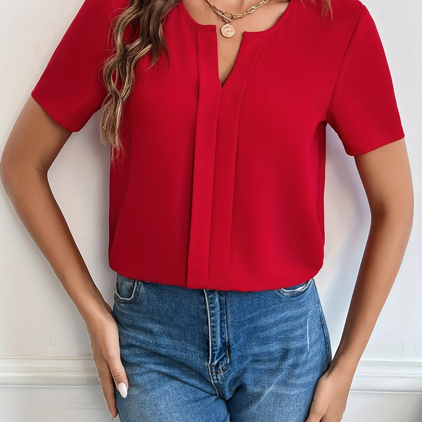 

Solid Notched Neck Blouse, Casual Short Sleeve Simple Blouse, Women's Clothing