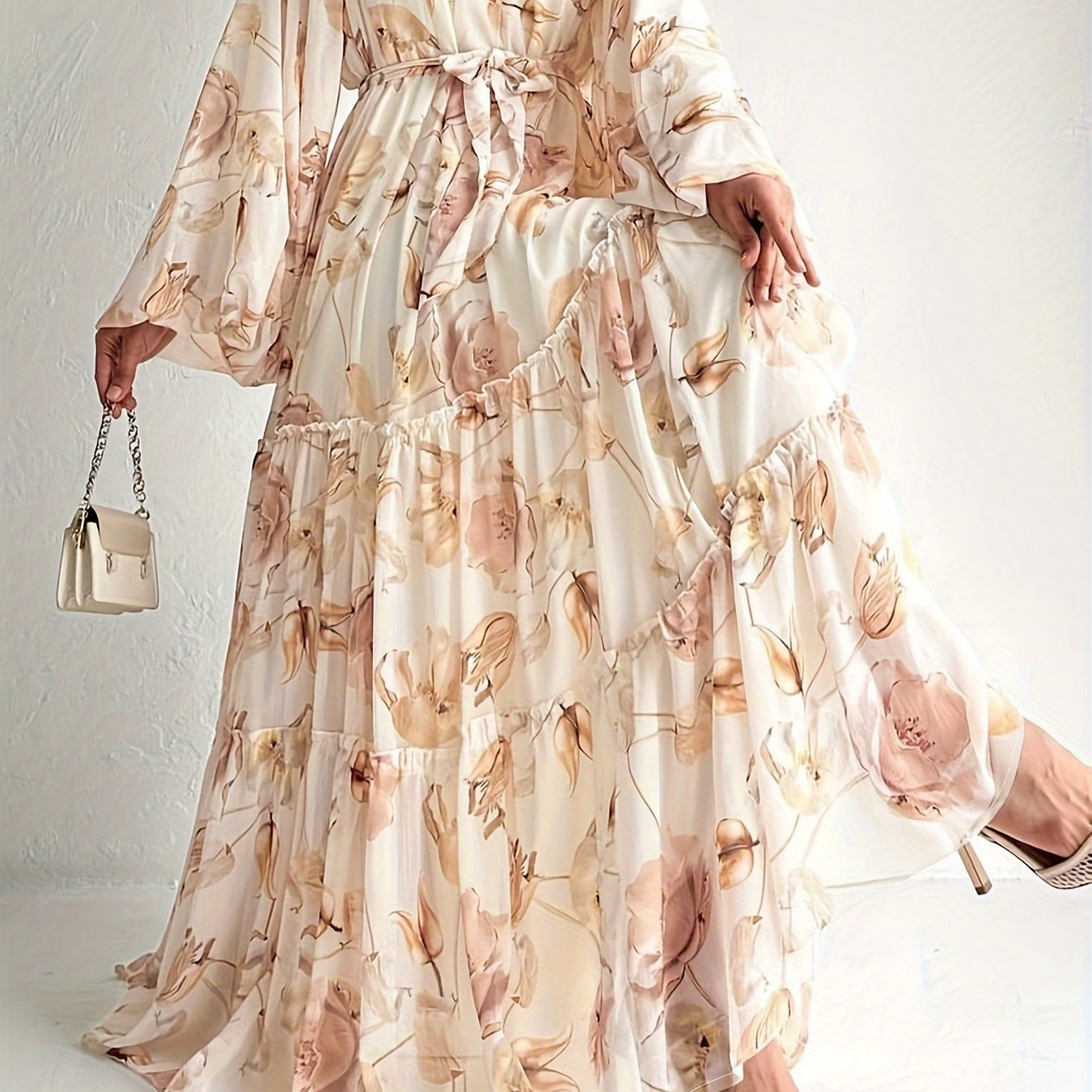 

Floral Print Crew Neck Kaftan Dress, Elegant Long Sleeve Belted Maxi Dress, Women's Clothing