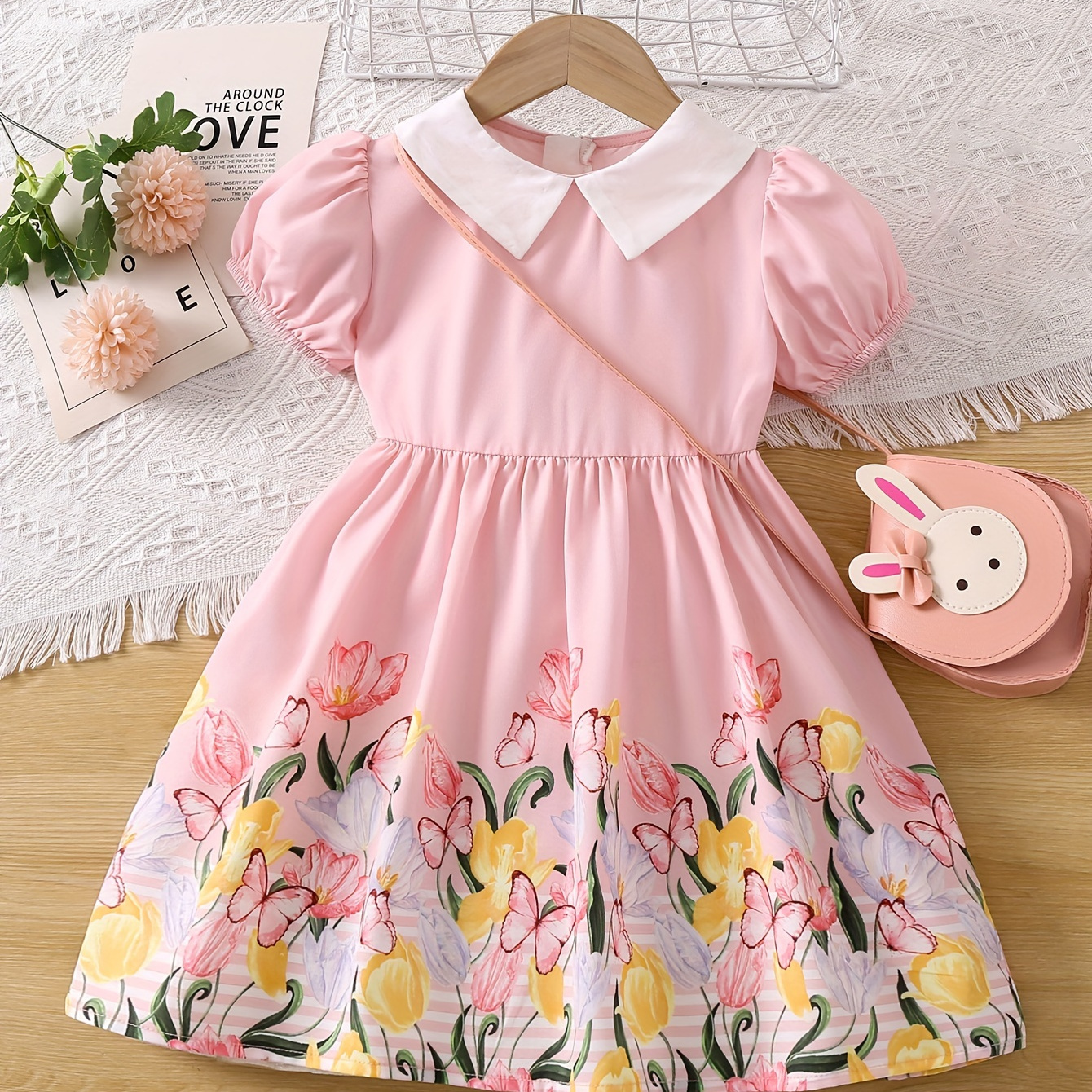 TEMU Sweet Girls Flower Print Puff Short Sleeve Collar Dress Summer Party Gift