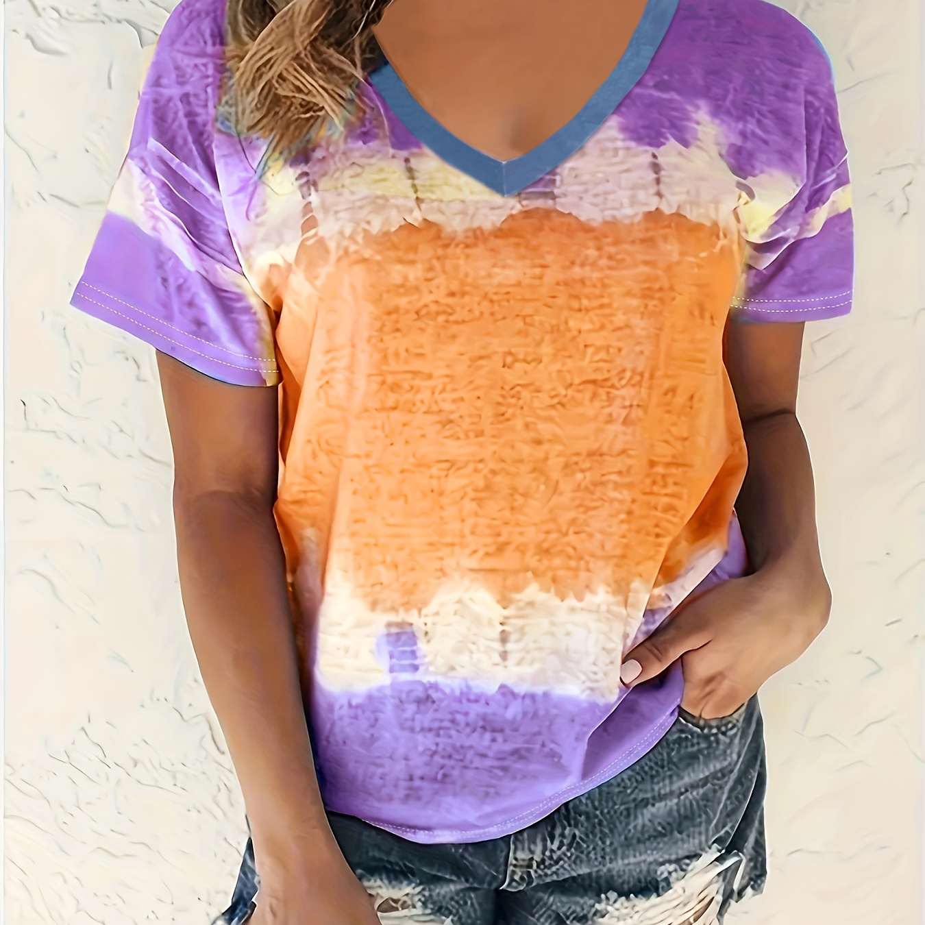 

Tie Dye Print V Neck T-shirt, Casual Short Sleeve Top For Spring & Summer, Women's Clothing