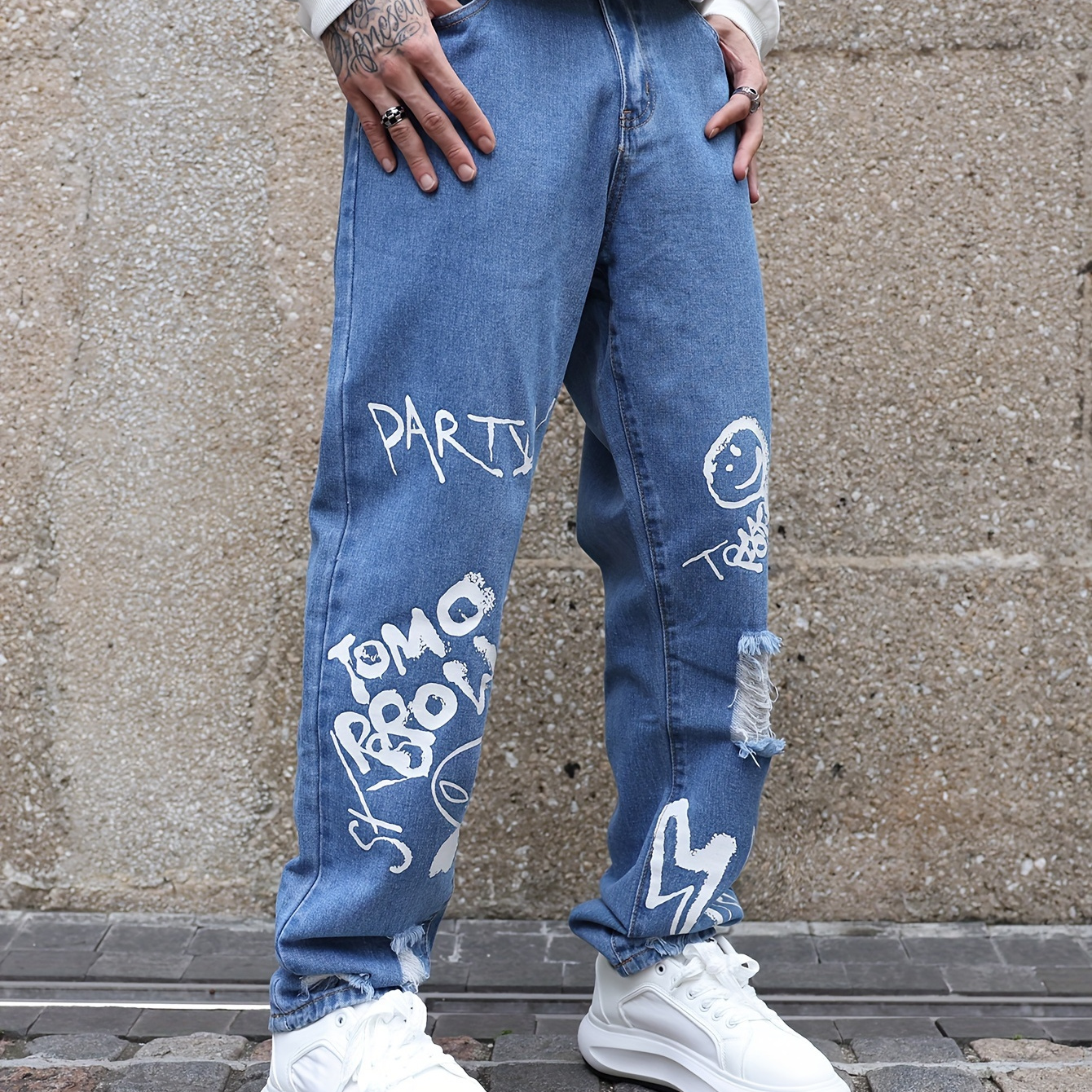 

Y2k Men's Trendy Doodles Pattern Ripped Jeans Distressed Punk Men's Denim Pants Graffiti Pattern Loose Streetwear Hiphop Jeans