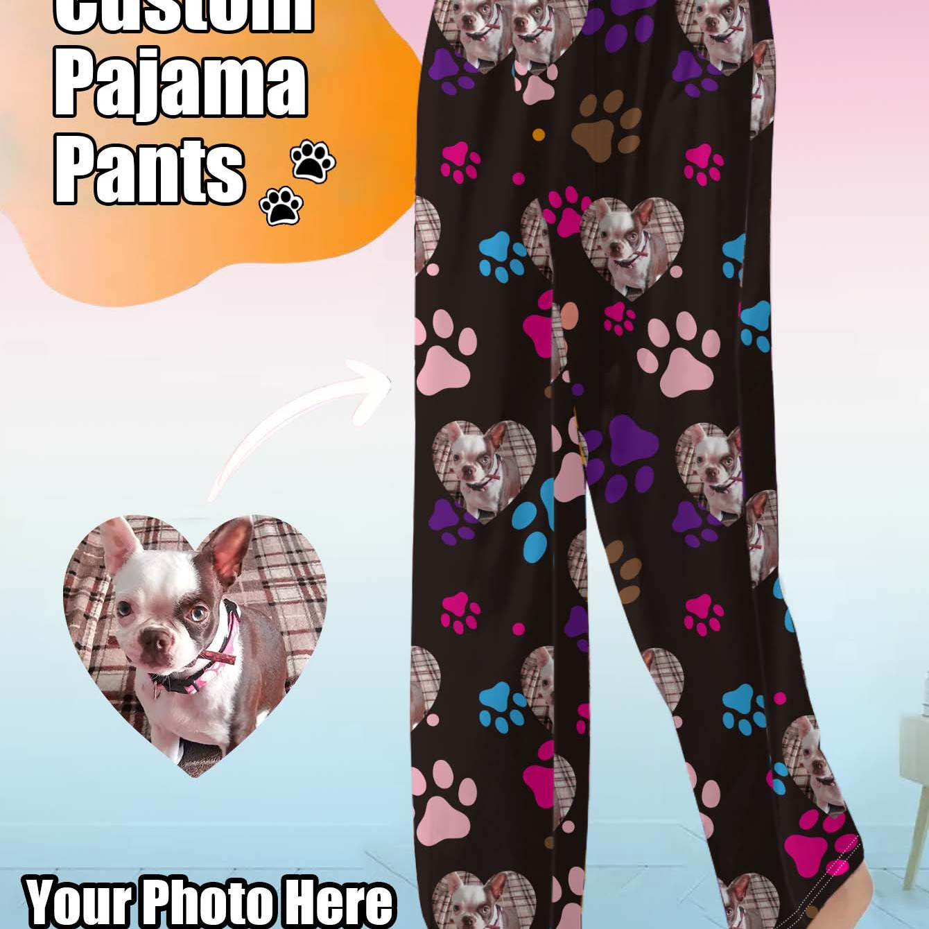 

1pc Customizable Pet Photo Printed Women's Casual Pajama Pants - Polyester 95%, Elastane 5% Knit Fabric, Loose Fit, Animal Pattern, Machine Washable