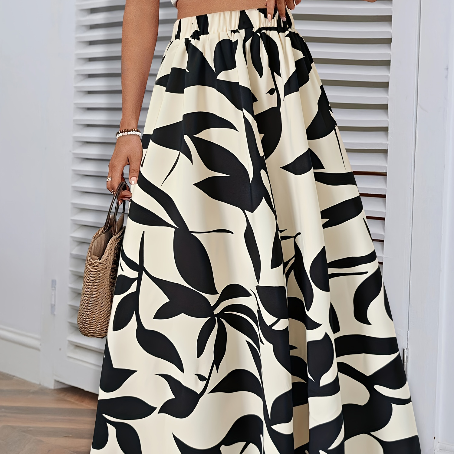 

Leaf Print A-line Maxi Skirt, Elegant Elastic High Waist Skirt For Spring & Summer, Women's Clothing