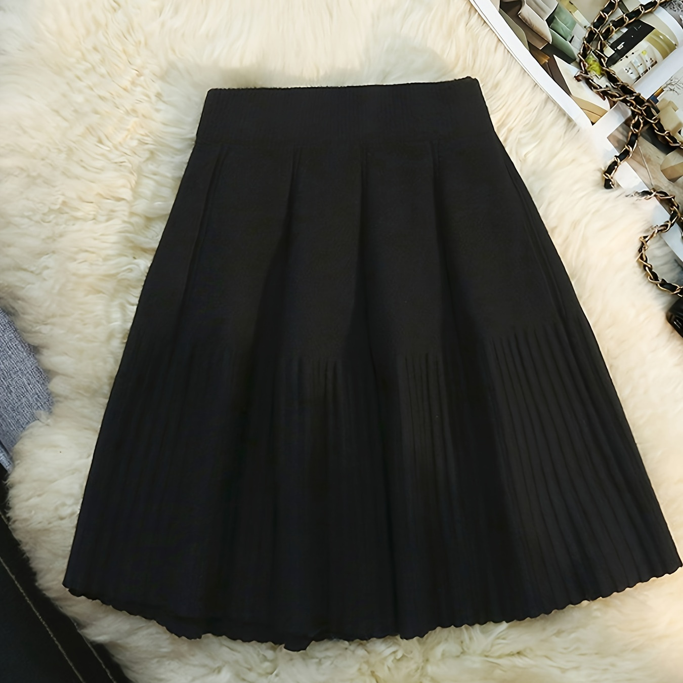 

Chic High-waist Pleated Knit Skirt - Slimming, Machine Washable, Solid Color For Fall/winter