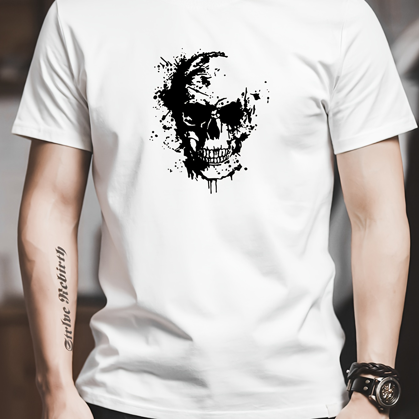 

Creative Skull Print T-shirt, Stylish & Breathable Street , Simple Lightweight Comfy Cotton Top, Casual Crew Neck Short Sleeve T-shirt For Summer