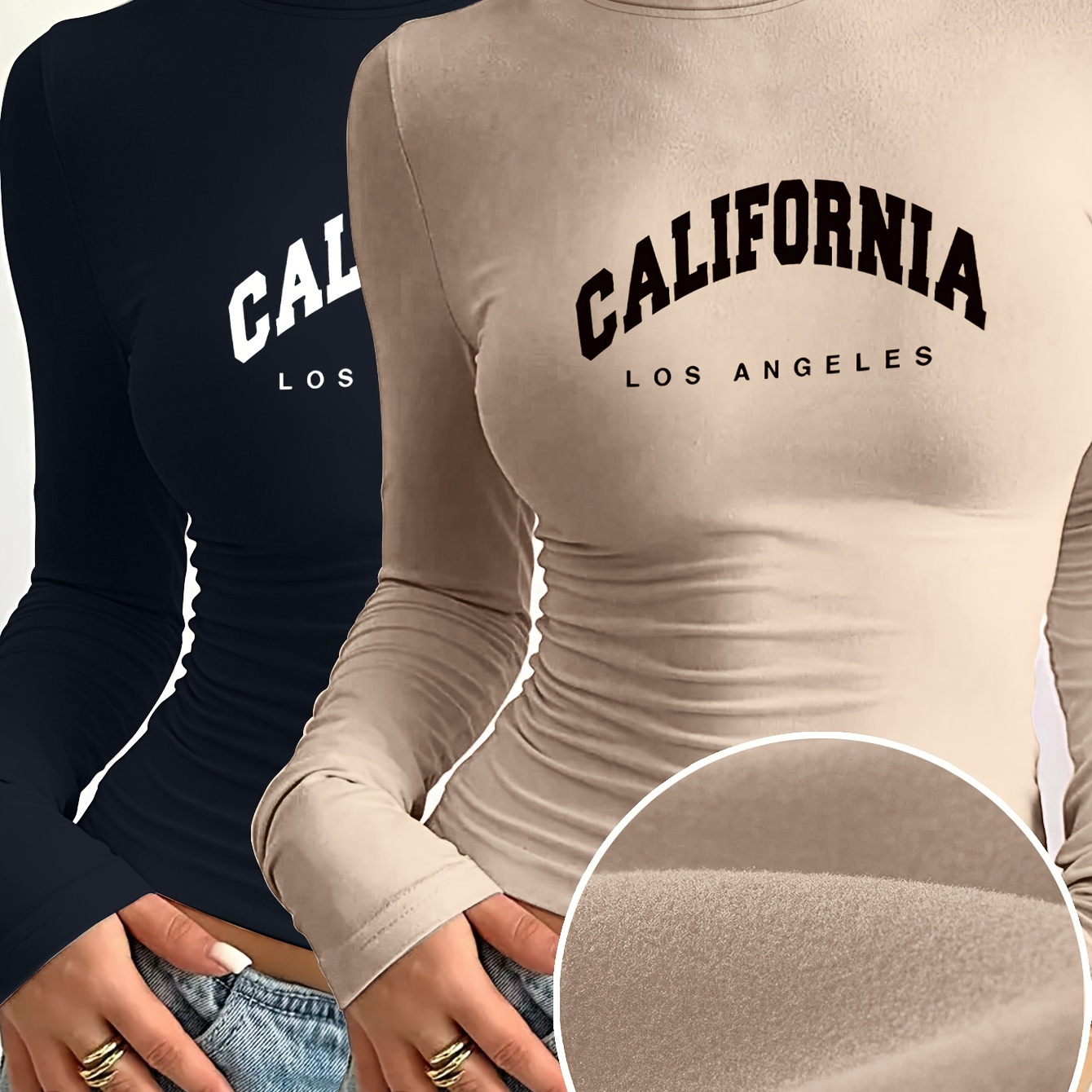 

2 Pack California Los Angeles Graphic Long Sleeve T-shirts - Elegant Crew Neck Skinny Tops With Applique, Polyester Spandex Blend, Medium Stretch, Fall/