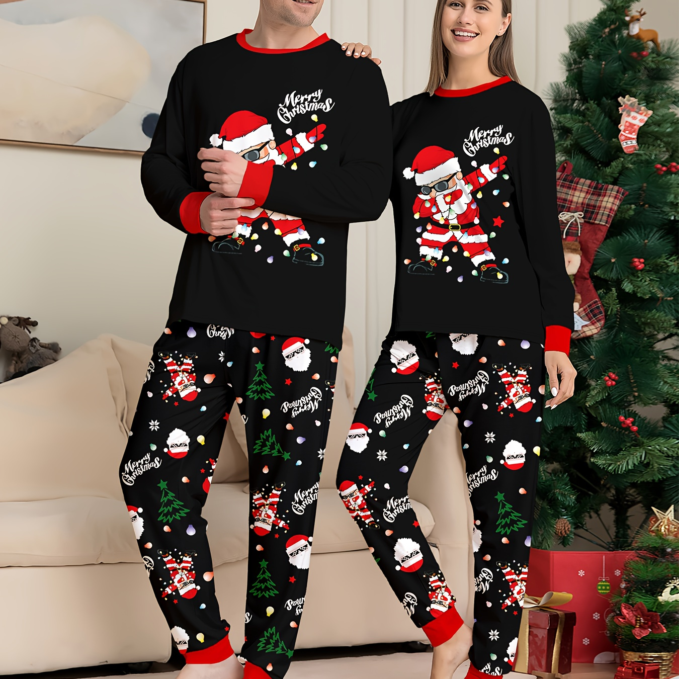 men women couples christmas long sleeve pajama set santa Temu