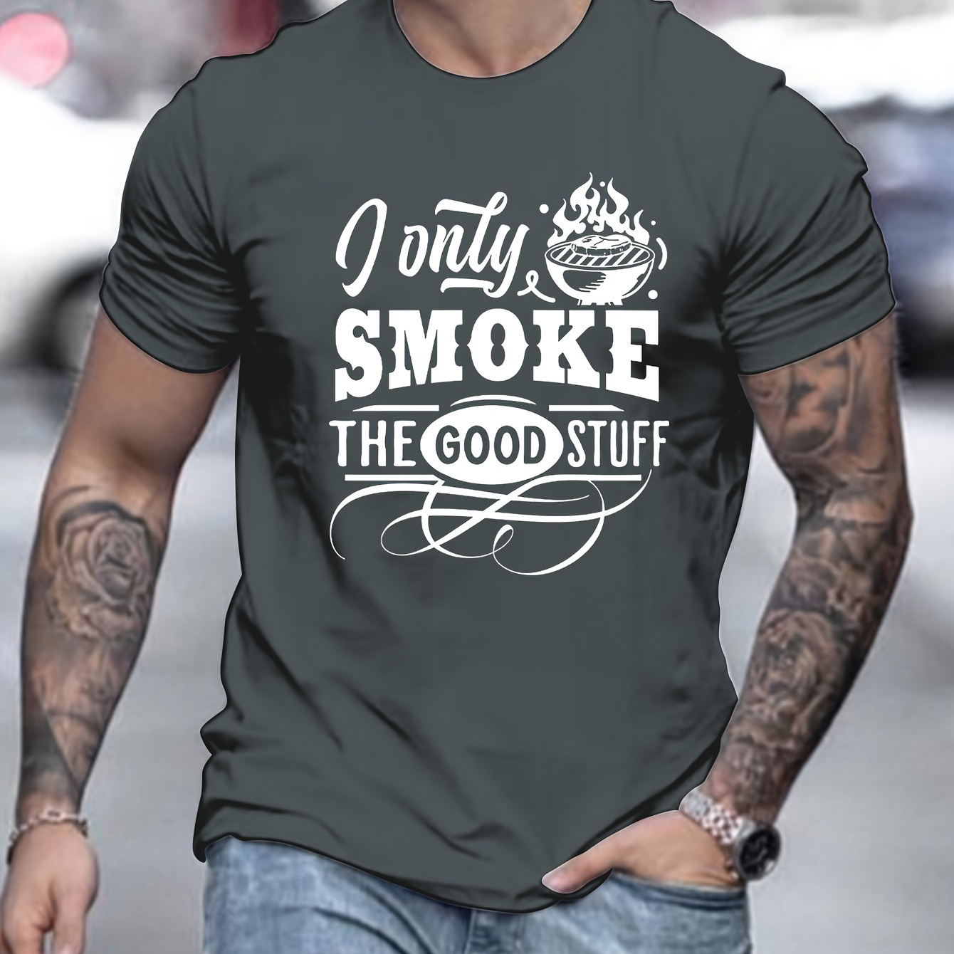 

Smoke The Good Stuff Print Short Sleeve Casual T-shirt & Solid Drawstring Shorts Set, 2pcs Men's Comfy Summer Outfit