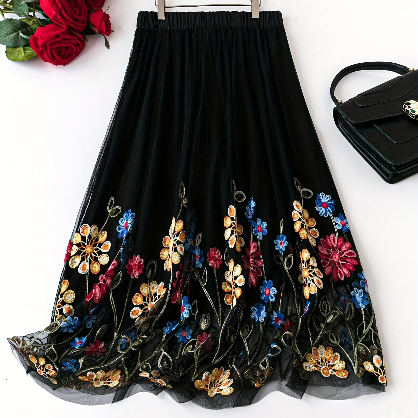 

Plus Size Floral Embroidery Skirt, Casual Mesh Stitching Skirt For Spring & Summer, Women's Plus Size clothing