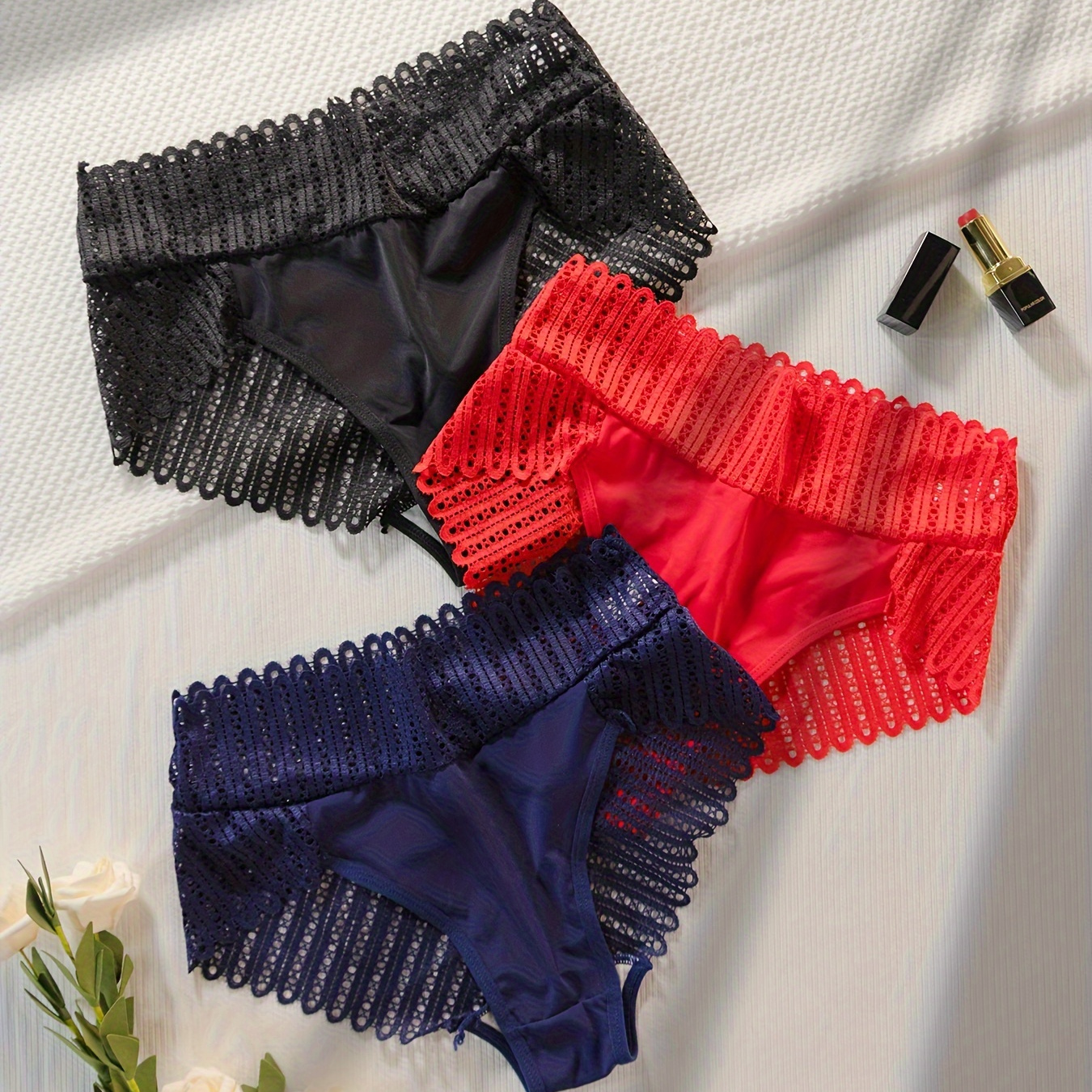 

3pcs Hot Lace Briefs, Comfy & Breathable Scallop Trim Panties, Women's Lingerie & Underwear