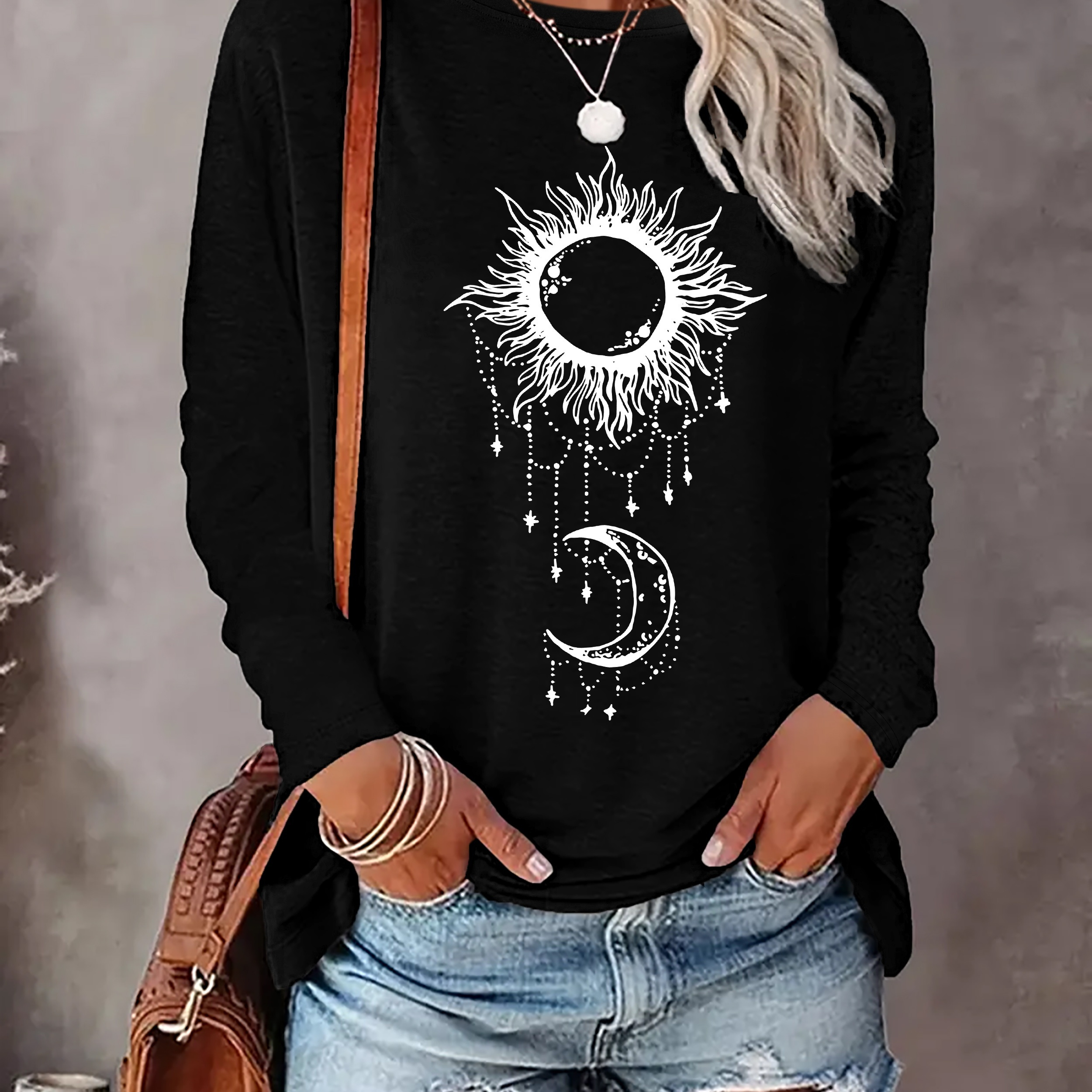 

Sun & Moon Print T-shirt, Long Sleeve Crew Neck Casual Top For Spring & Fall, Women's Clothing