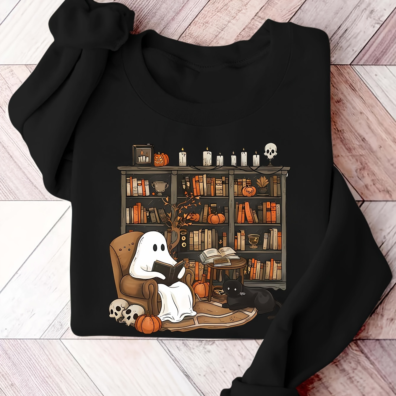 

Women's Polyester Crew Neck Sweatshirt With Bookshelf Graphic, Casual Knit Pullover For Fall/winter