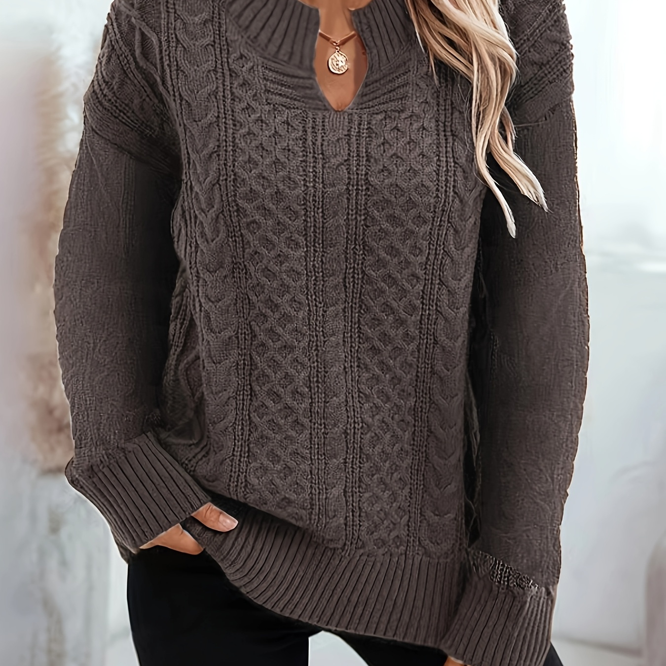 

Elegant Plus Size V-neck Sweater For Women - Polyester Knit Pullover With Stretch, Solid Color, Long Sleeve, Fall/winter Collection