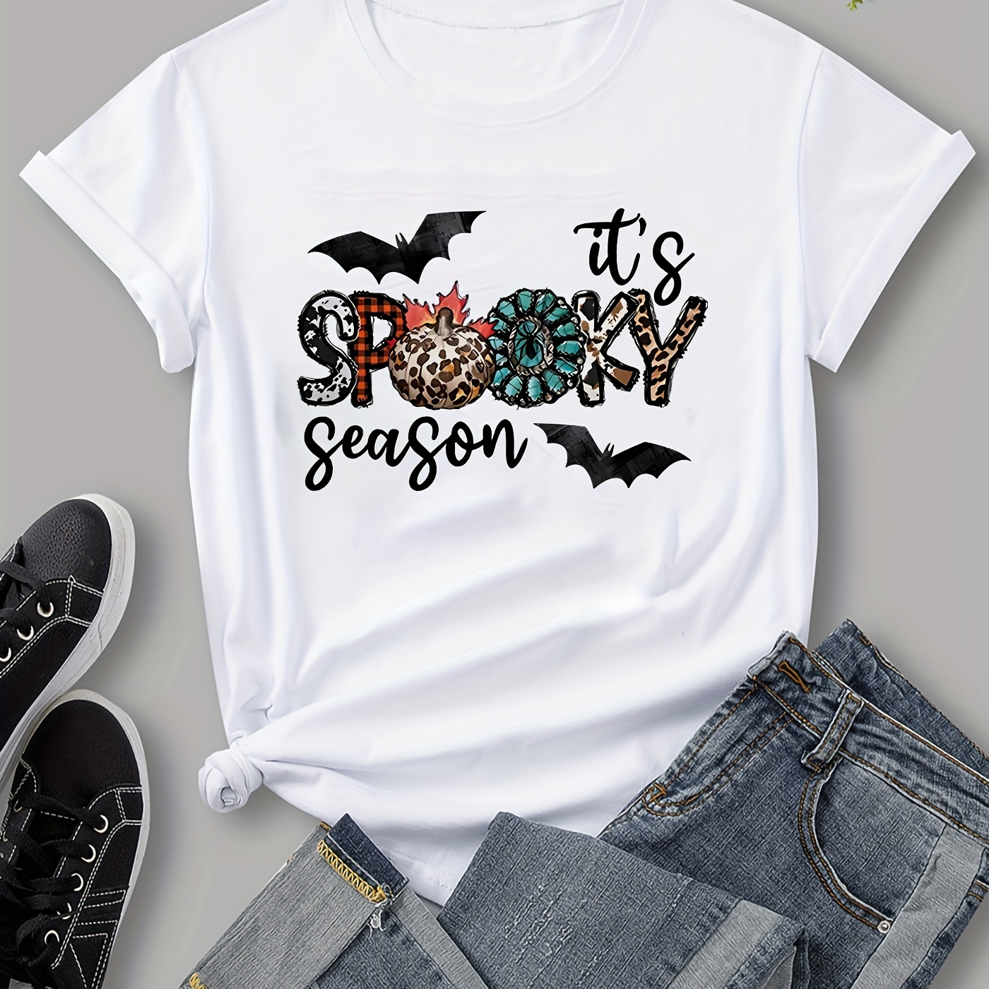 

Halloween Letter Print Crew Neck T-shirt, Casual Short Sleeve T-shirt For Spring & Summer, Women's Clothing