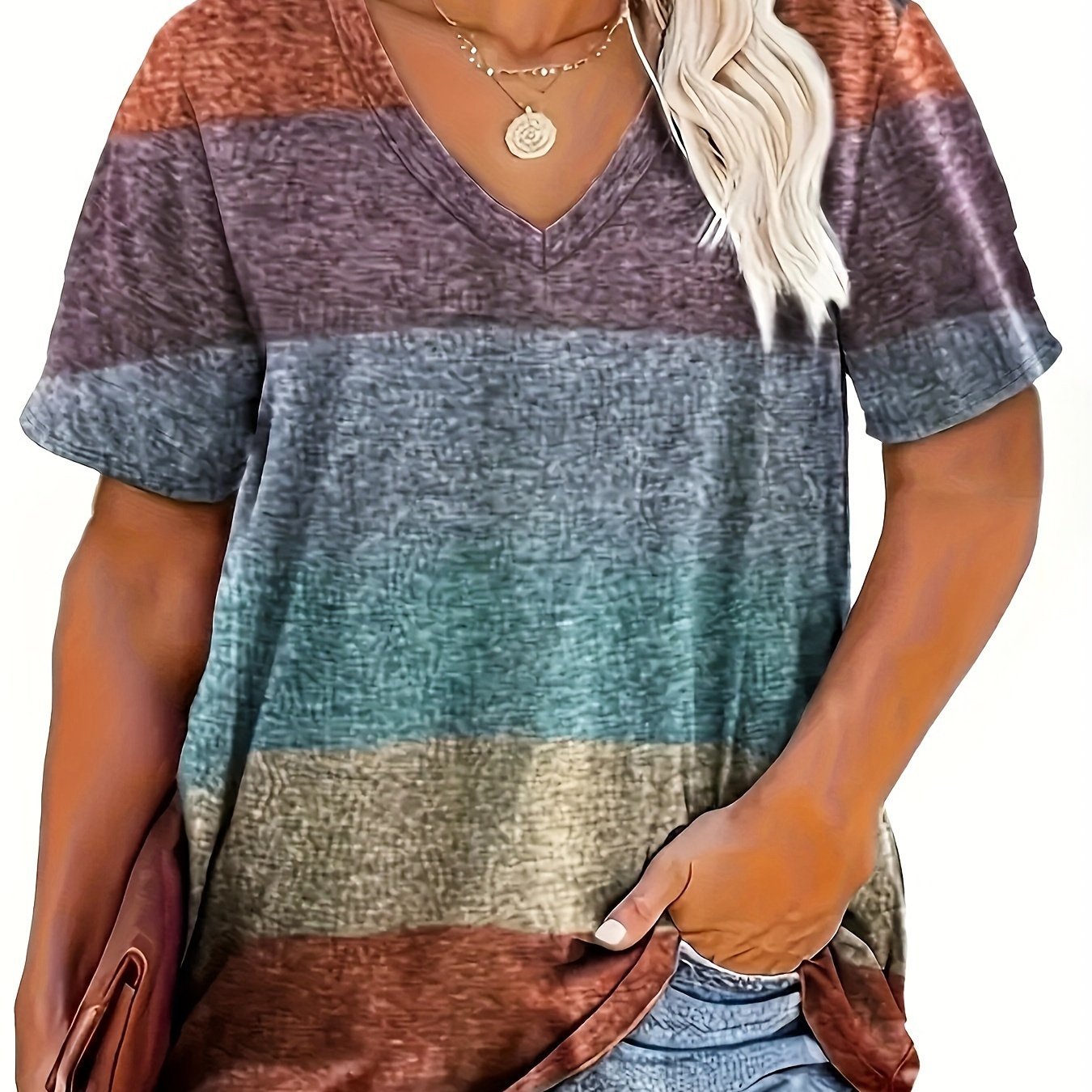 

Plus Size Color Block T-shirt, Casual V Neck Short Sleeve Top For Spring & Summer, Women's Plus Size Clothing