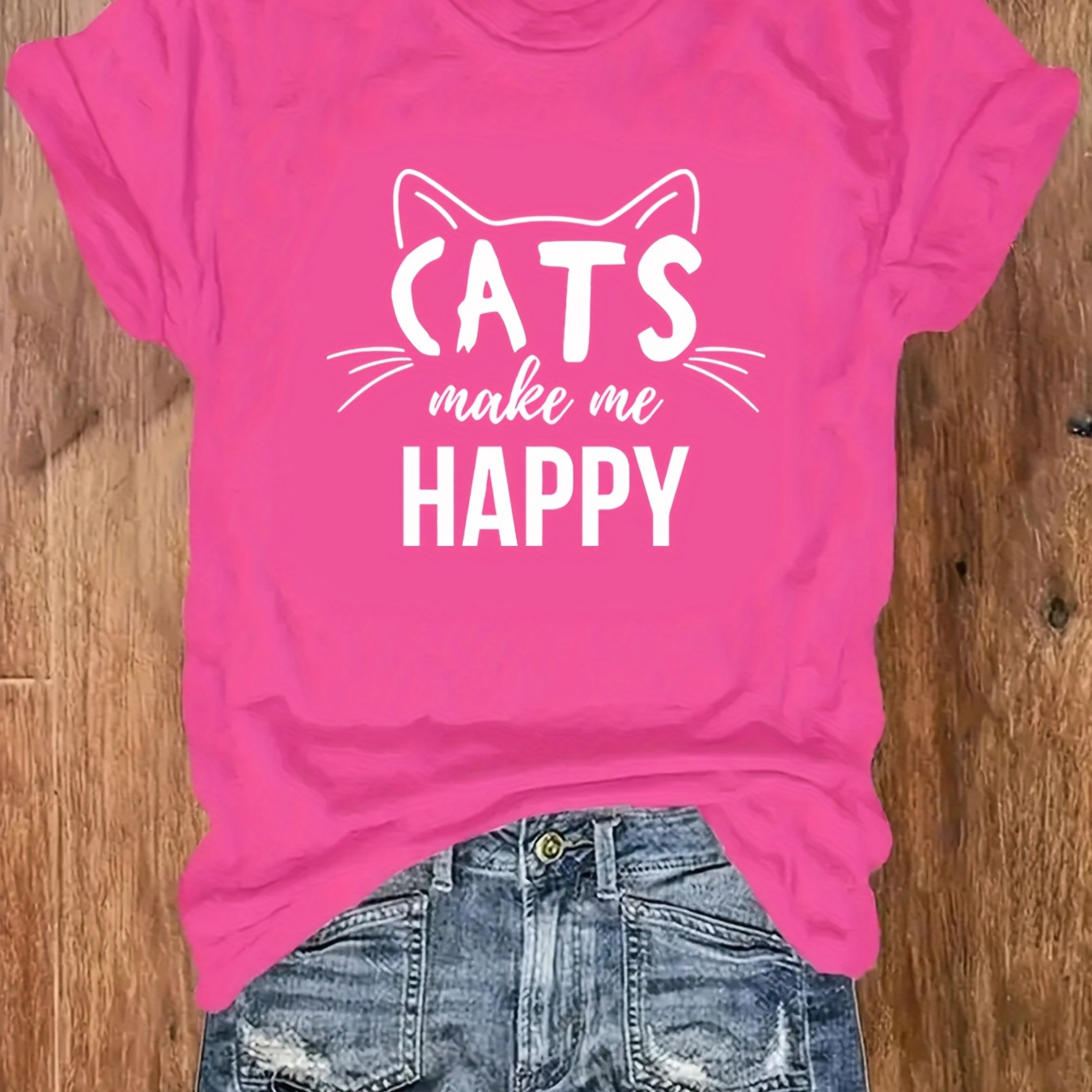 

Plus Size Cats Make Me Happy Print T-shirt, Casual Crew Neck Short Sleeve T-shirt, Women's Plus Size clothing