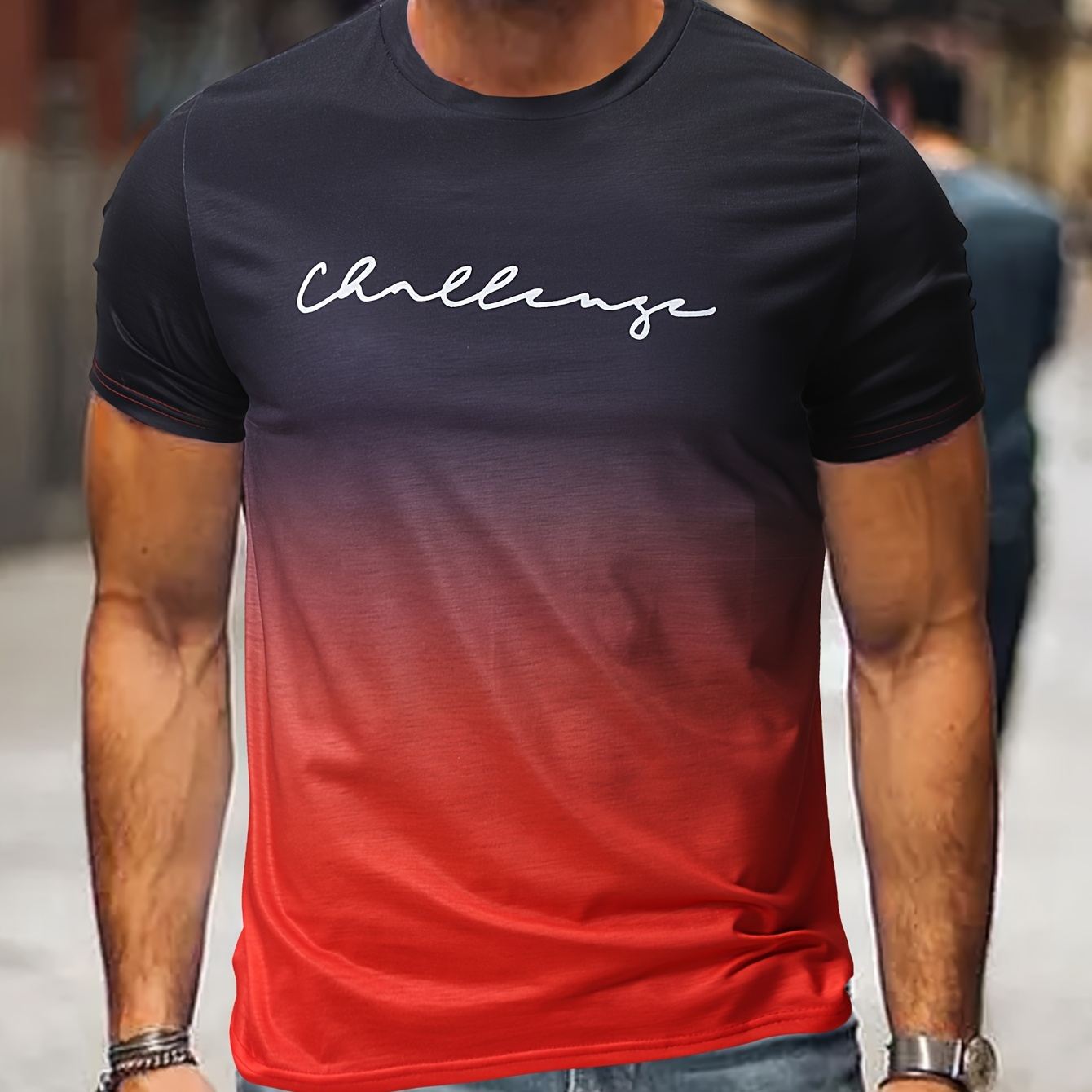 

challenge" Pattern Print Men's Comfy Gradient T-shirt, Graphic Tee Men's Summer Outdoor Clothes, Men's Clothing, Tops For Men