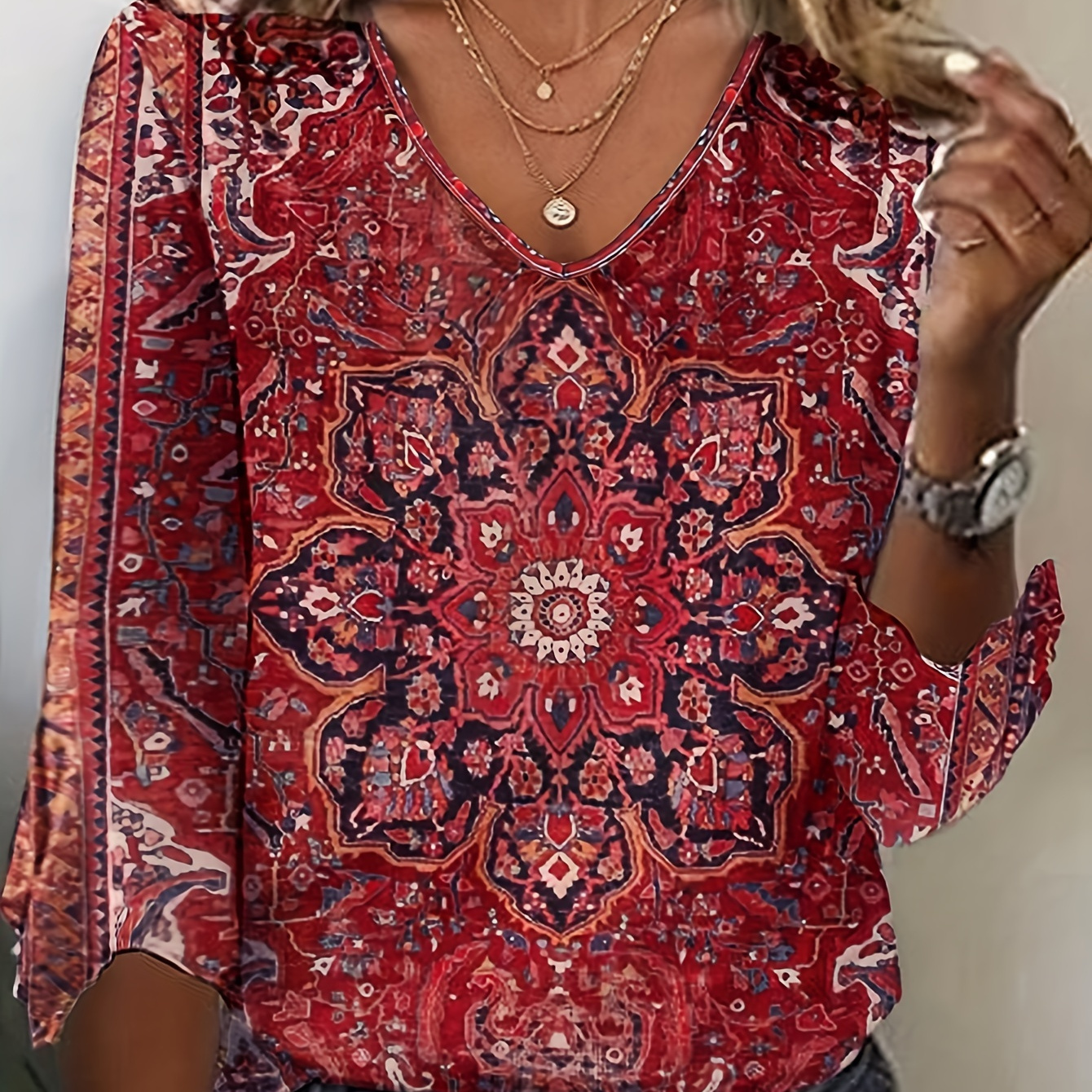 

Tribal Allover Print V-neck T-shirt, 3/4 Sleeve Casual Top For Summer & Spring, Women's Clothing