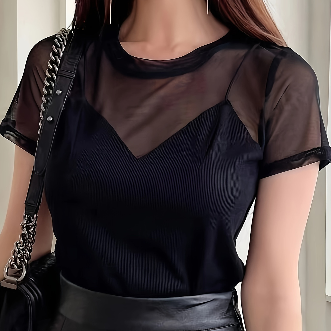 

Solid Contrast Sheer Mesh T-shirt, Elegant Short Sleeve Illusion Neckline Slim Top, Women's Clothing