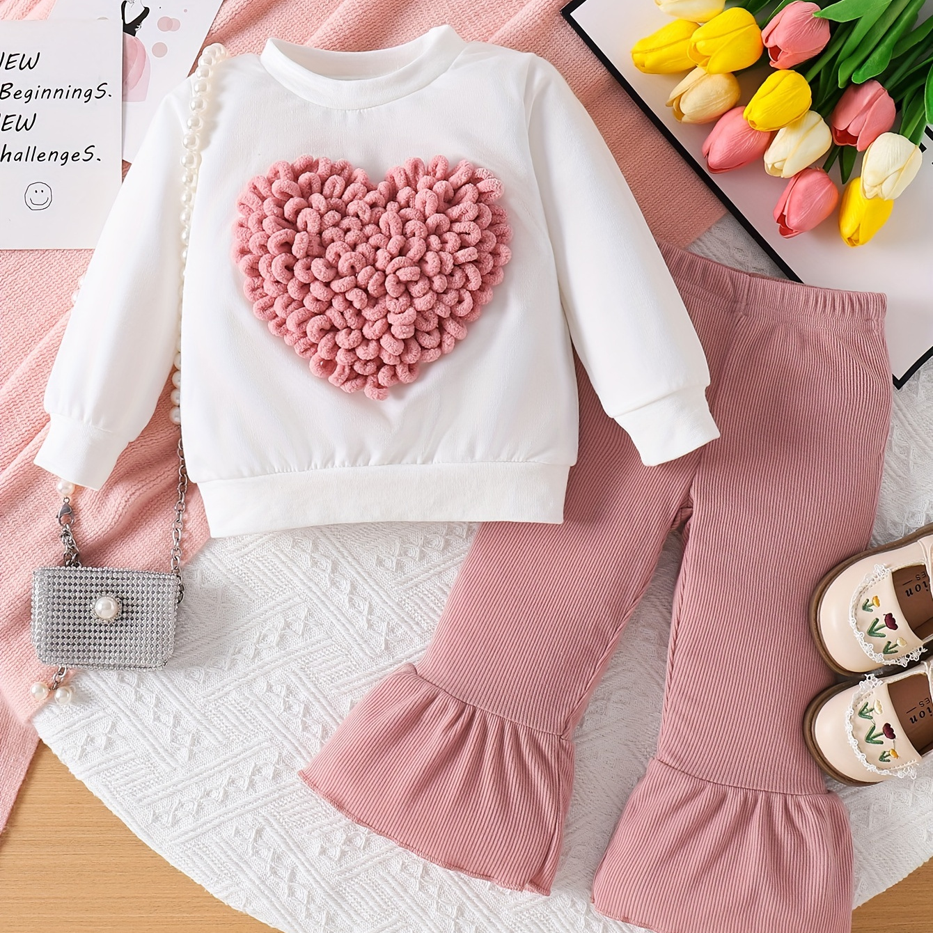 

Adorable ' Embroidery Long Sweatshirt & Ruffle- Pants Set - , - For /, For