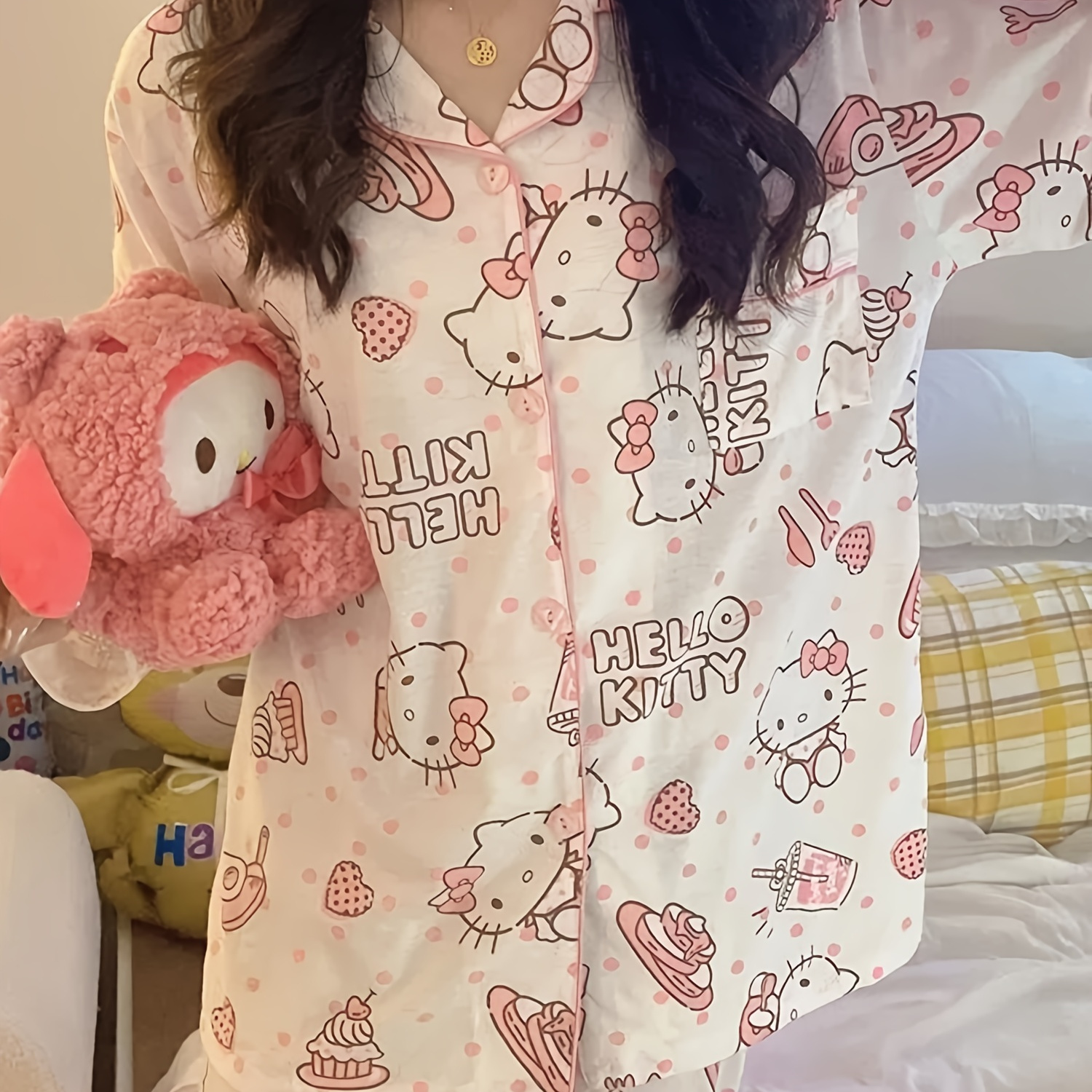 

Sanrio Hello Kitty Pajama Sets Girls Womens Button Long Sleeve Pj Pants Set Two-piece Sleepwear