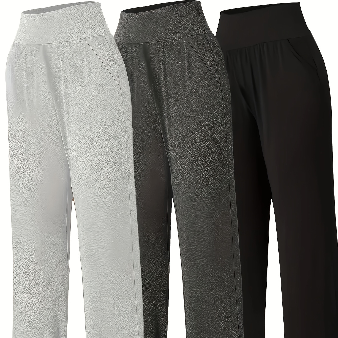 

Ensemble de 3 pantalons décontractés pour femmes avec taille haute et poches, en polyester tricoté, légèrement extensibles, couleur unie, toutes , pantalons à jambes droites élégants de grande taille