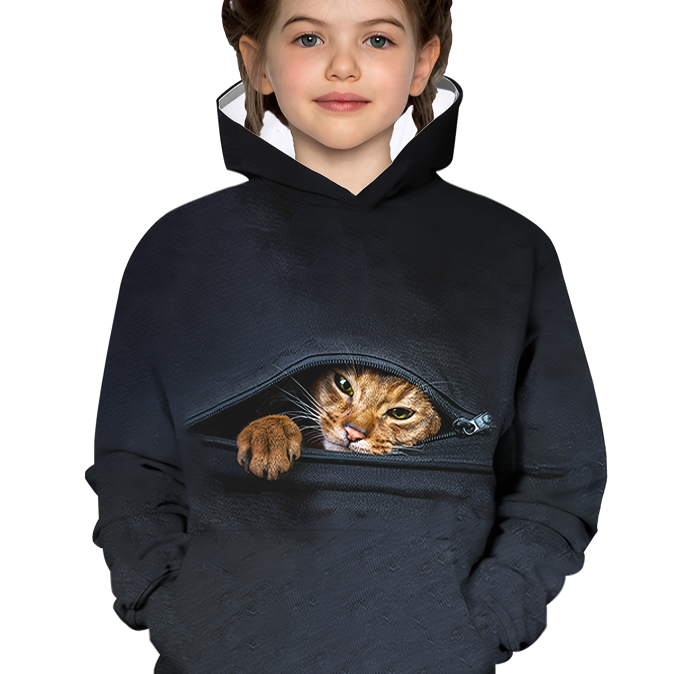 

Fall/ Winter Kids Zipper Cat 3d Print Thick Fleece Warm Hoodie Tops For Outwear, Trendy Cool Sweatshirts For Boys/ Girls