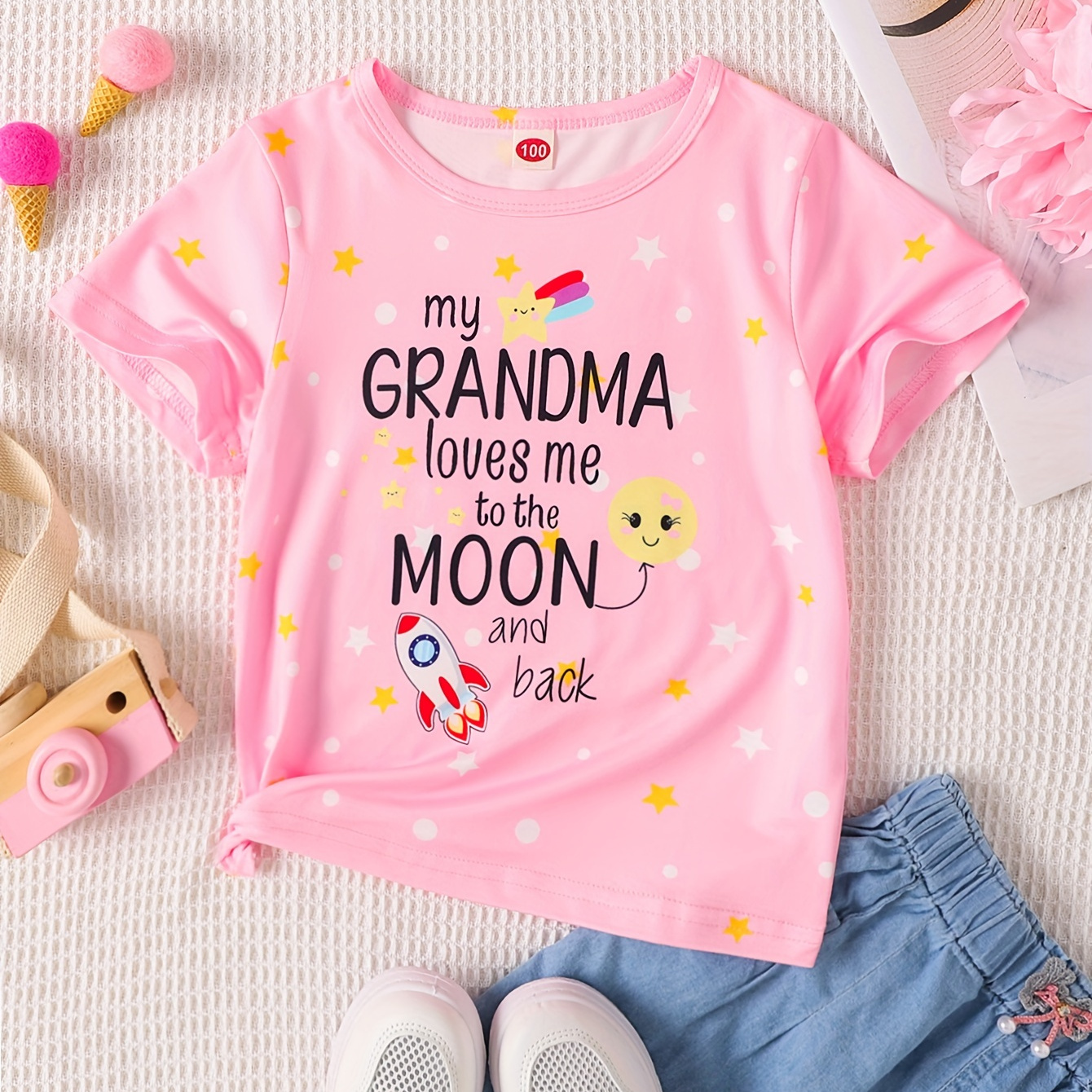 

Fun ''my Grandma Loves Me'' Print Girls Casual T-shirt, Kids Crewneck Short Sleeve Tee Summer Tops Clothes