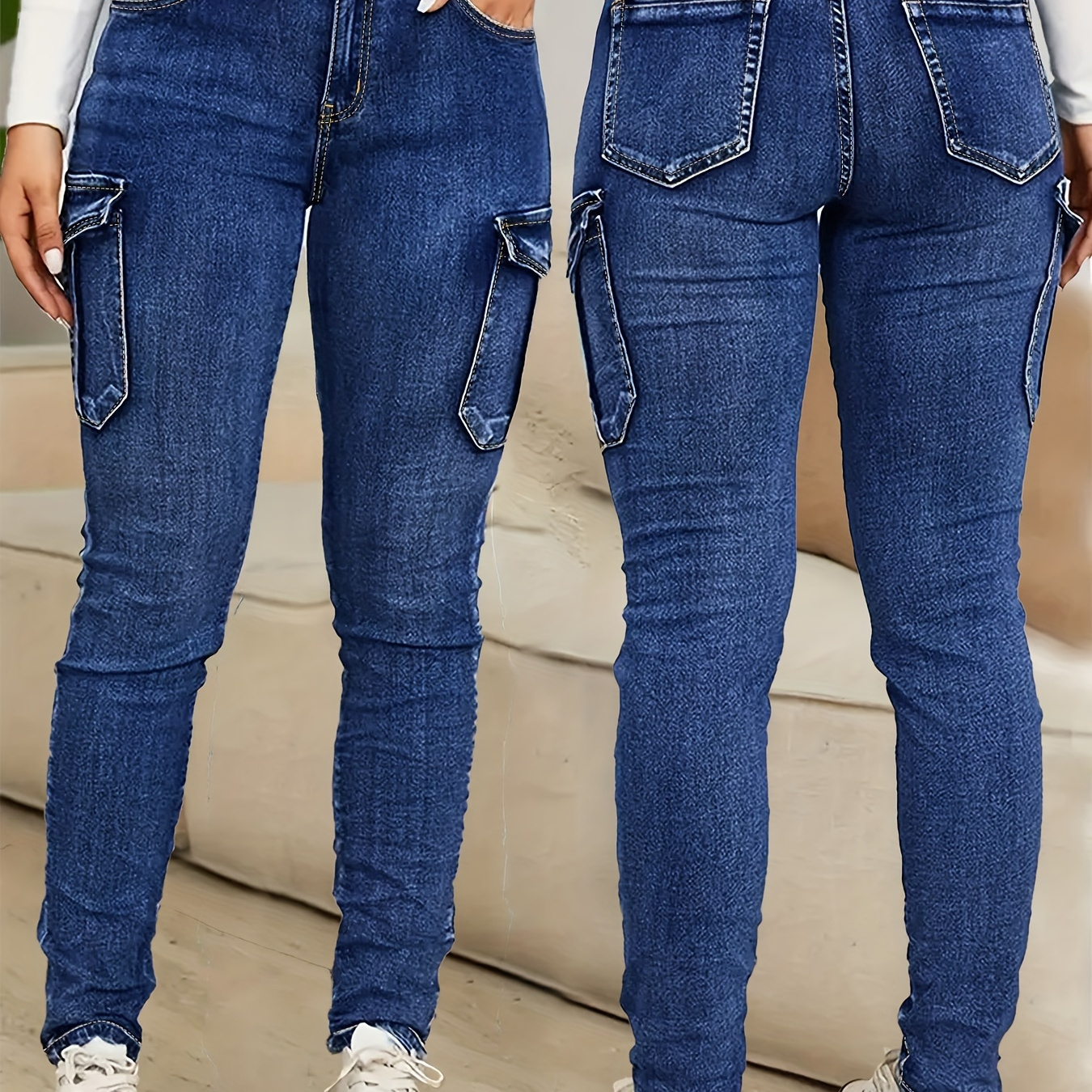 

Women's High-waist Stretch Denim Jeans With Multiple Pockets - Plus Size, Washed Blue, Comfort