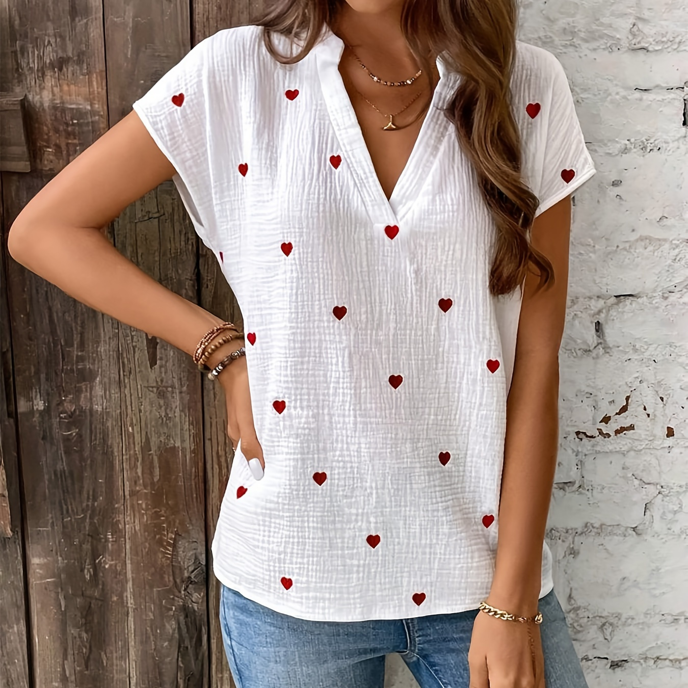 

Embroidered Hearts V-neck Blouse, Elegant Short Sleeve Blouse For Spring & Summer, Women's Clothing