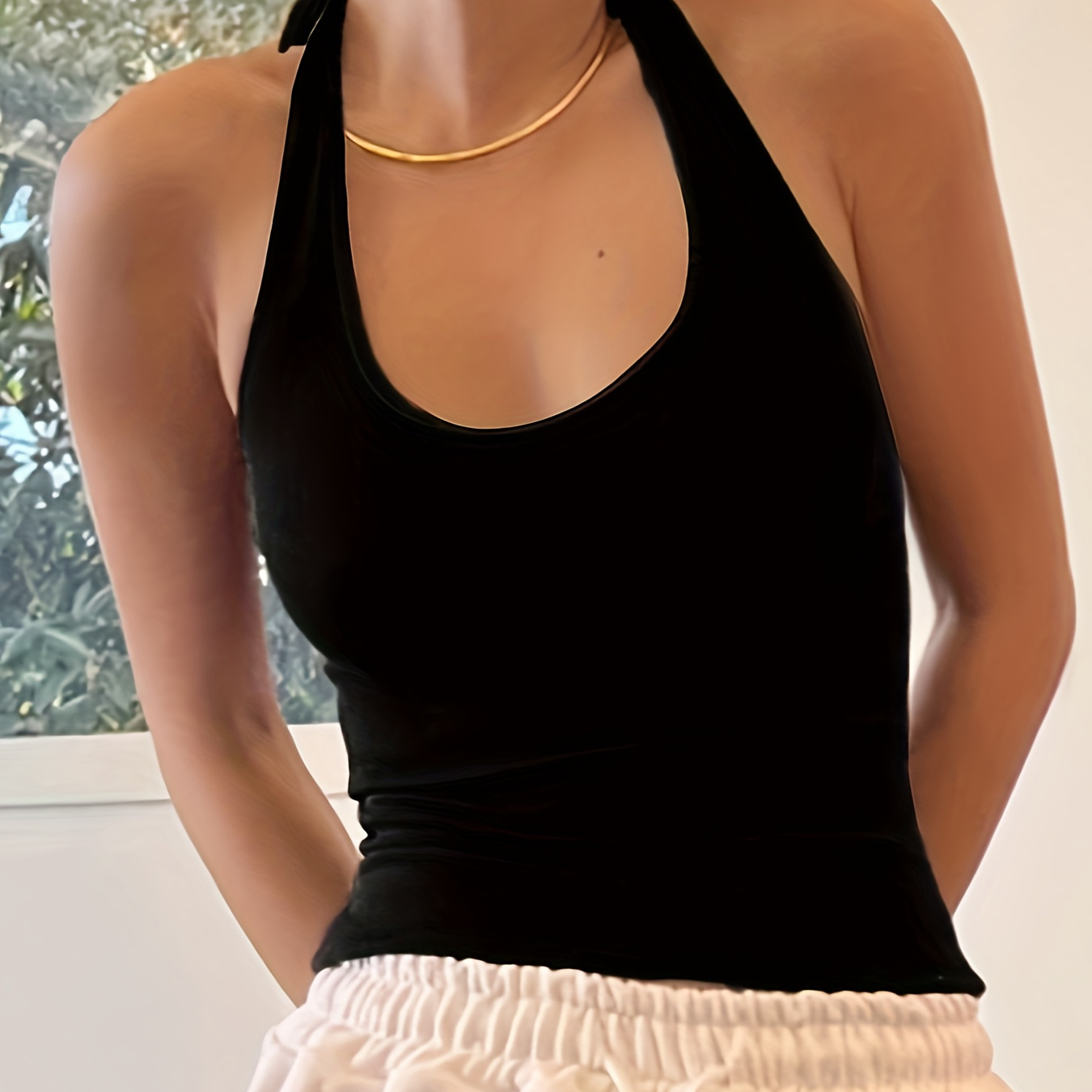 

Solid Halter Neck Top, Casual Backless Tie Back Top For Summer, Women's Clothing