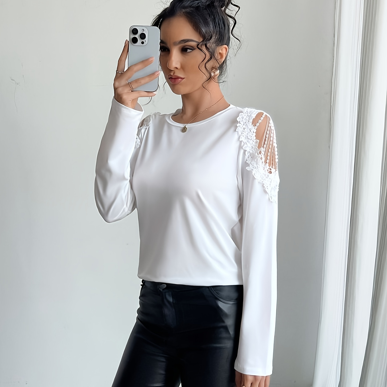 

Elegant White Lace Long Sleeve T-shirt For Women - Crew Neck, Stretchy Polyester With Decorative Lace Detailing, Non-see-through, All , Lace Trim