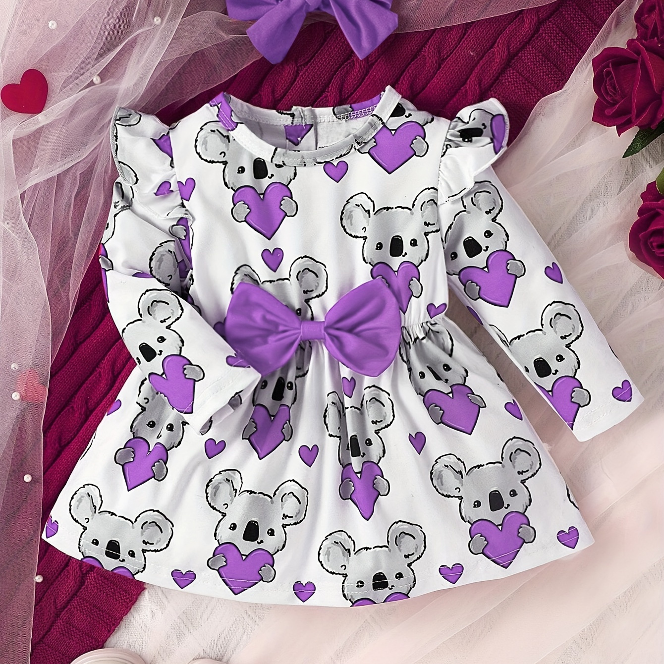 

Baby Girls Flying Sleeve Tunic Cute Animal Koala Heart Print Spring And Autumn Dress With Headband Set