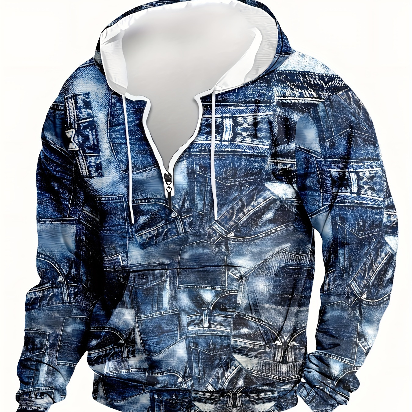 

Men's Polyester Hooded Sweatshirt With Denim Print - Long Sleeve 3d Graphic Pullover With Quarter-zip, Knit Fabric, Stretch, Regular Fit