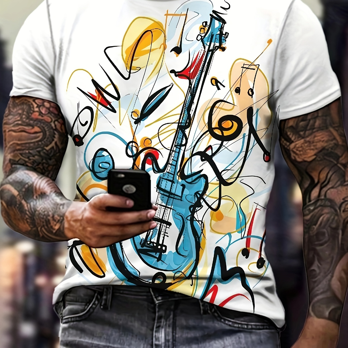 

Stylish Guitar Pattern Print Men's Comfy T-shirt, Graphic Tee Men's Summer Clothes, Men's Outfits
