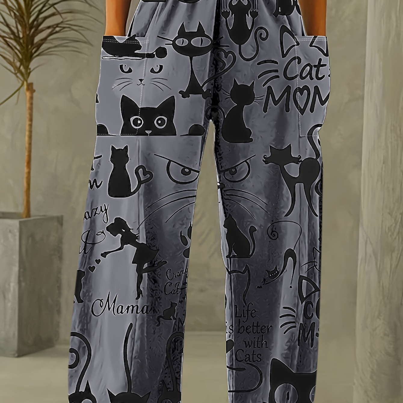 

Black Cat Print Straight-leg Pants For Women - Casual & With Pockets, Stretchy Polyester , Vintage-inspired, Machine Washable - Spring/fall, Lounge Around Attire| Print Pants| Fabric , Cute Pants