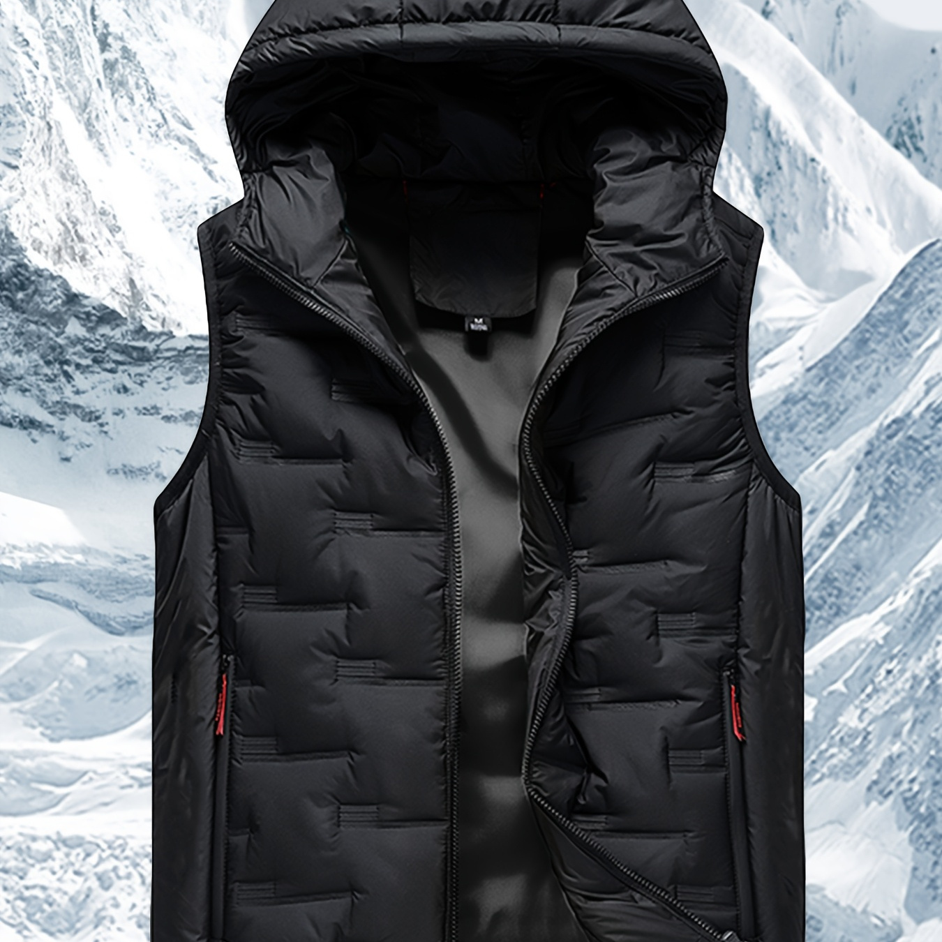 

Men's Sleeveless Hooded Vest - Casual Black Polyester Puffer Jacket With Red Trim, Zipper Pockets For Fall/winter