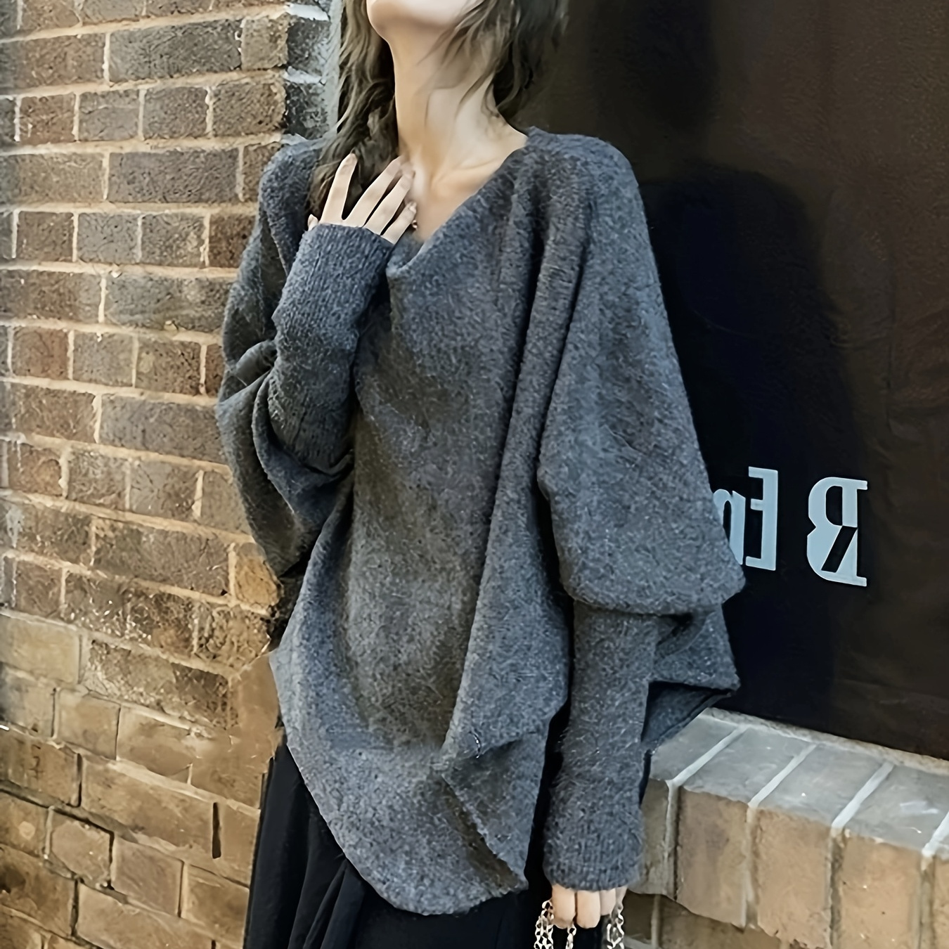 

Lazy And Relaxed Dark Gray Sweater With Drape Neck For Women, Loose Fit, Irregular Bat Long Sleeve Knitted Top For Spring