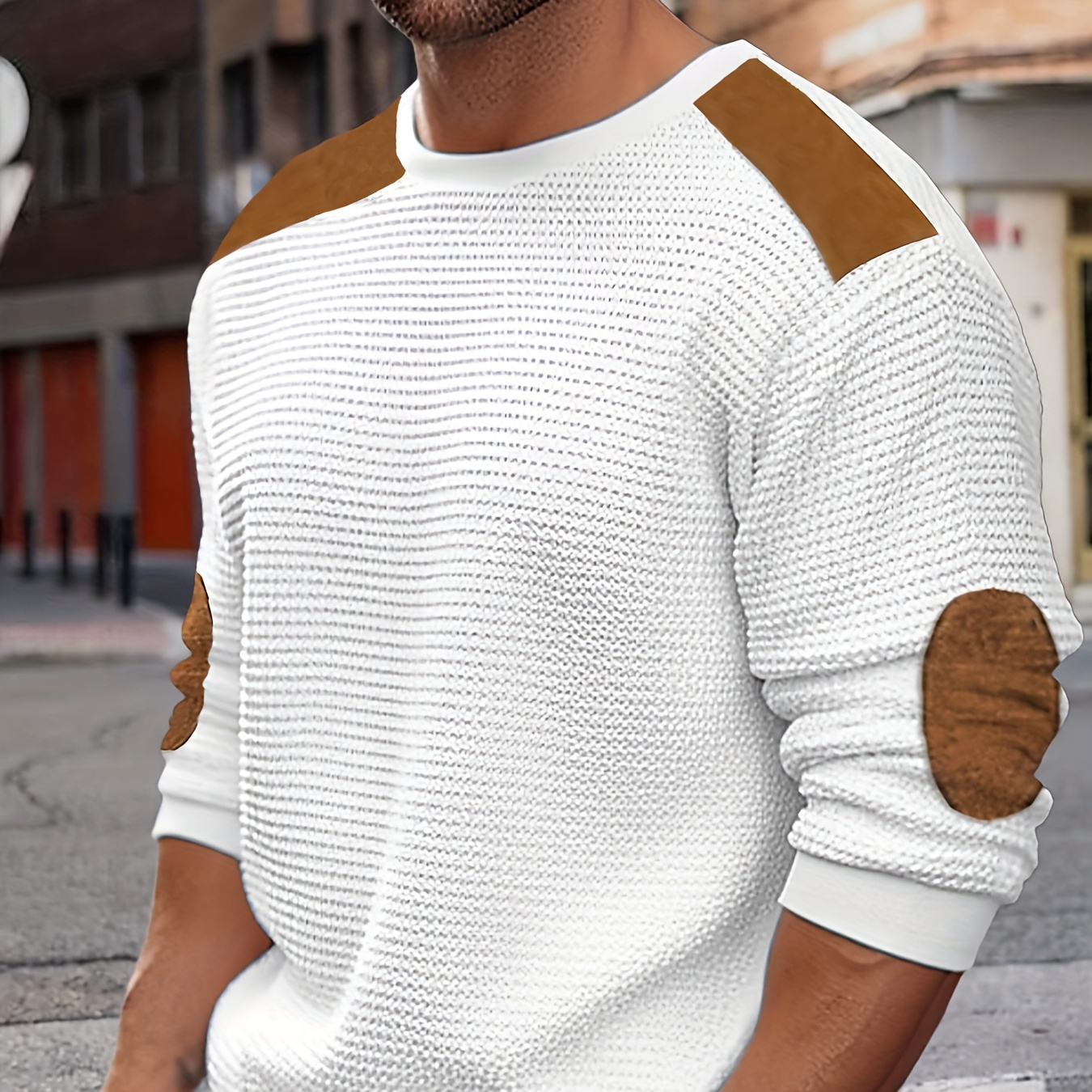 

Color Block Waffle Pattern Long Sleeve Crew Neck Sweatshirt, Men's Casual Pullover Sweatshirt