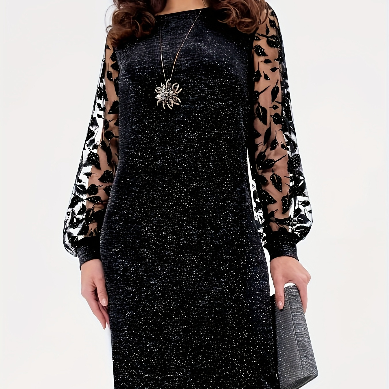 Rochie Nouă de Primăvară/Toamnă cu Aplicații din Plasă, Guler Rotund, Mâneci Lungi, Material Modern, Rochie Potrivită