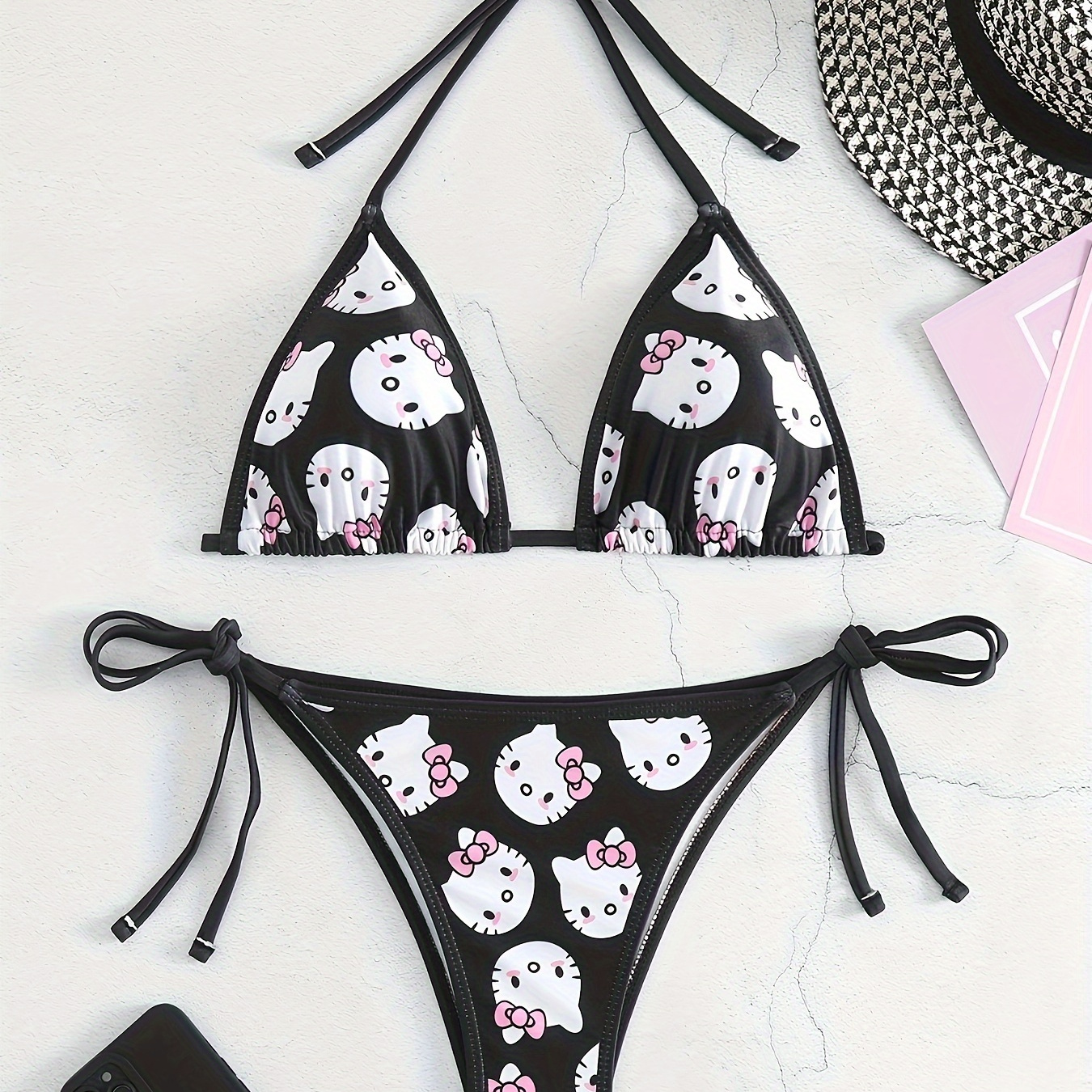 

2 Piece Women's Sanrio-inspired Bikini Set With Cute Cartoon Print, Adjustable Tie Halter Neck And Side Ties, Flattering Beach Swimwear For Small Busts