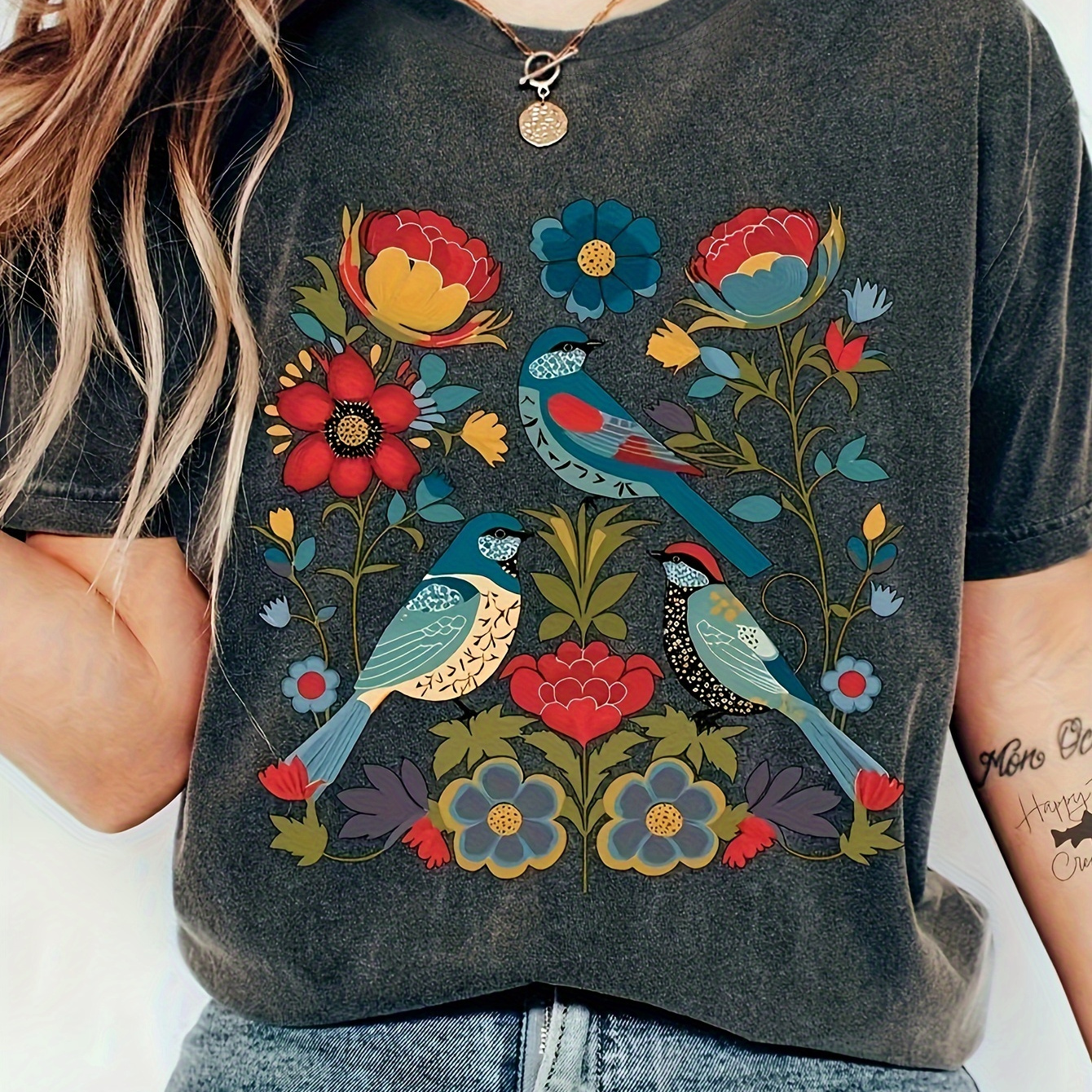 

Floral & Bird Print T-shirt, Short Sleeve Crew Neck Leisure T-shirt For Spring & Summer, Women's Clothing