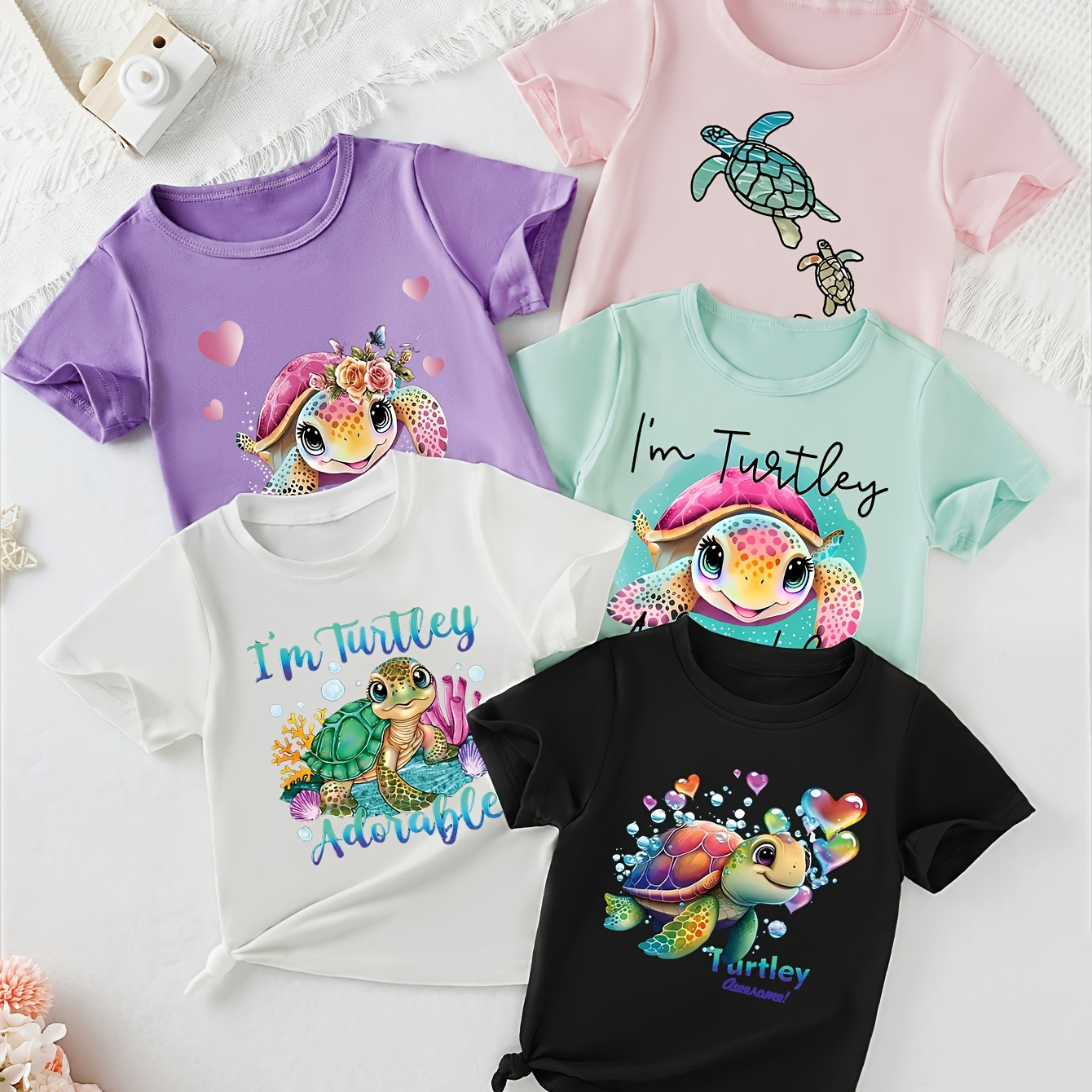 

5-pack Kids' Summer Short-sleeve Turtle-themed Cartoon Print T-shirts, Crew Neck, Polyester Spandex Blend, Casual Style, Slight Stretch Knit Tops, Regular Fit For Ages 12 And Under