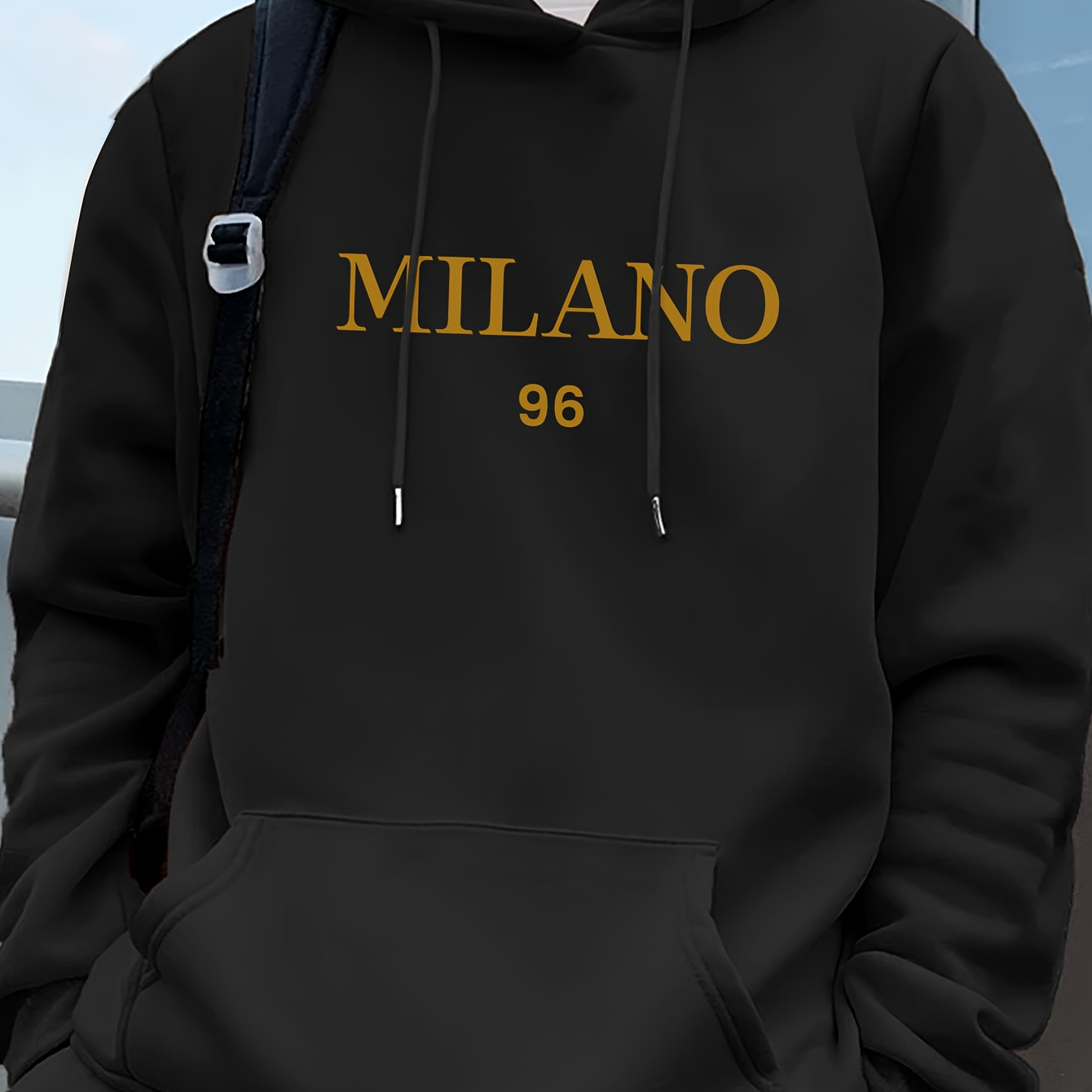 

Golden Foil Letters Milano Print, Men's Pullover Round Neck Hoodies With Drawstring, Trendy Fashion Long Sleeve Hooded Sweatshirt, Loose Casual Top For Autumn Winter, Men's Clothing As Holiday Gifts