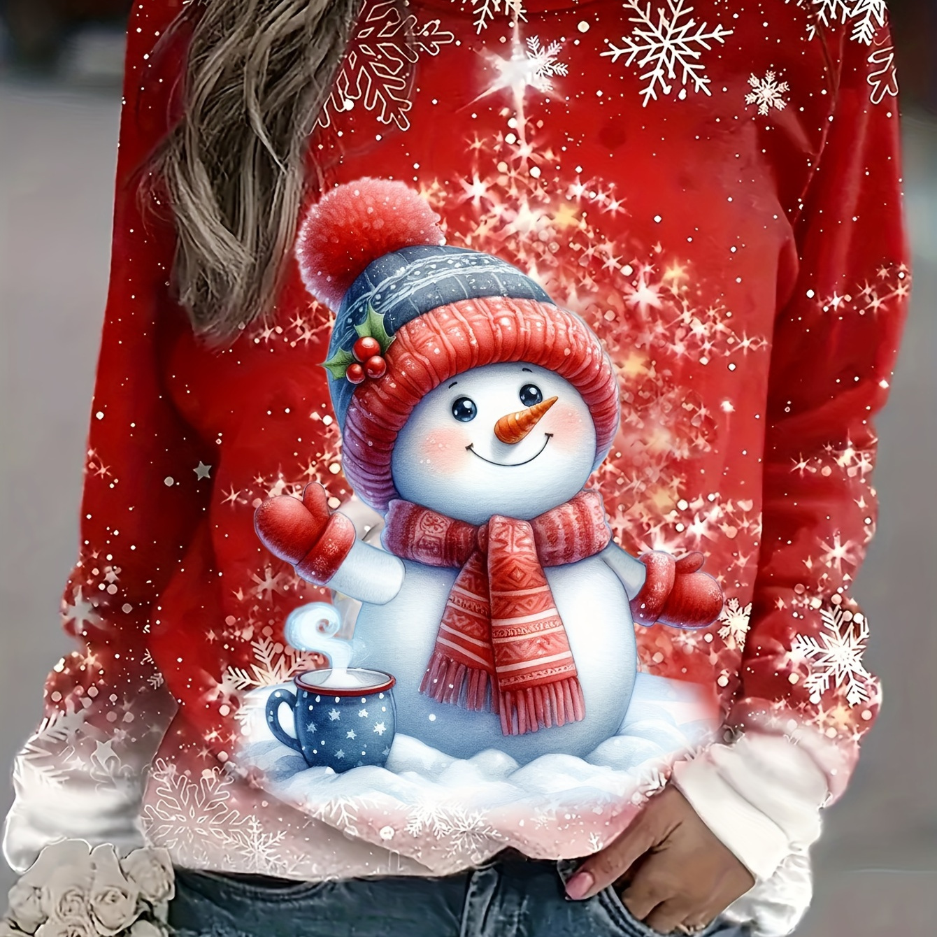 

Women's Plus Size Christmas Snowman Print T-shirt - , Crew Neck, Long Sleeve Casual Top For Fall/winter