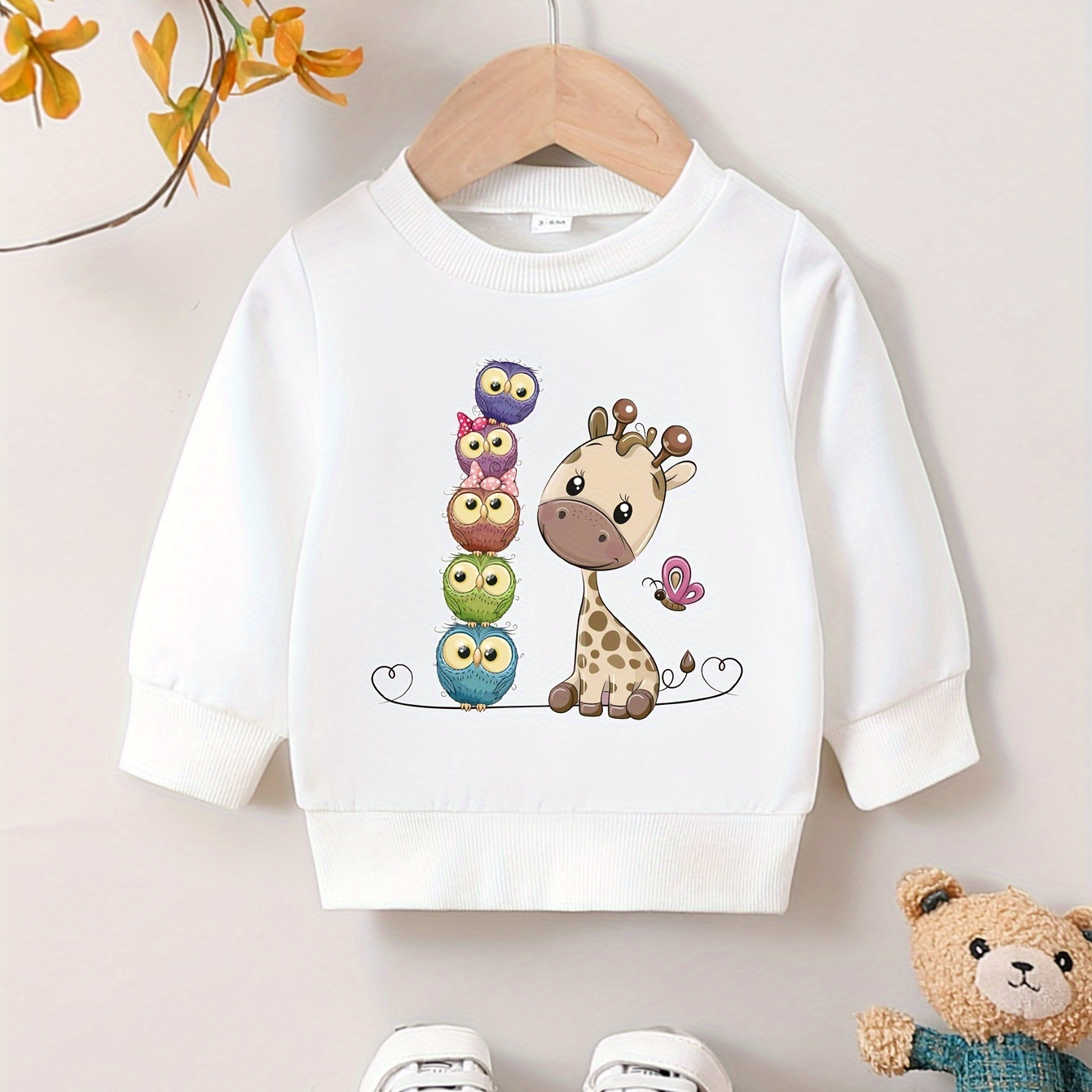 

Baby Girl's New Sweatshirt For Autumn, Cartoon Owls Giraffe Butterfly Pattern Print Long Sleeve Crew Neck Top