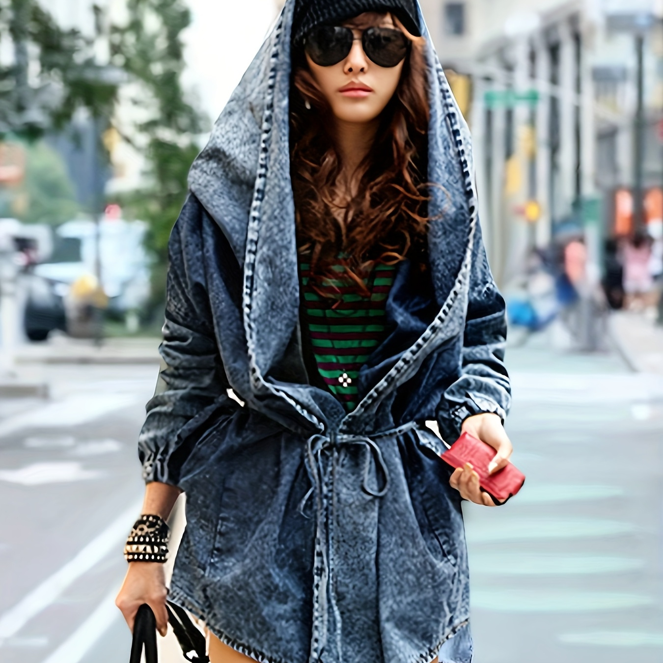 

Women'-inspired Denim Jacket With Drawstring, Hooded Long Sleeve Casual Coat, Polyester 100% Woven Fabric, Solid Color, Spring/fall Outerwear